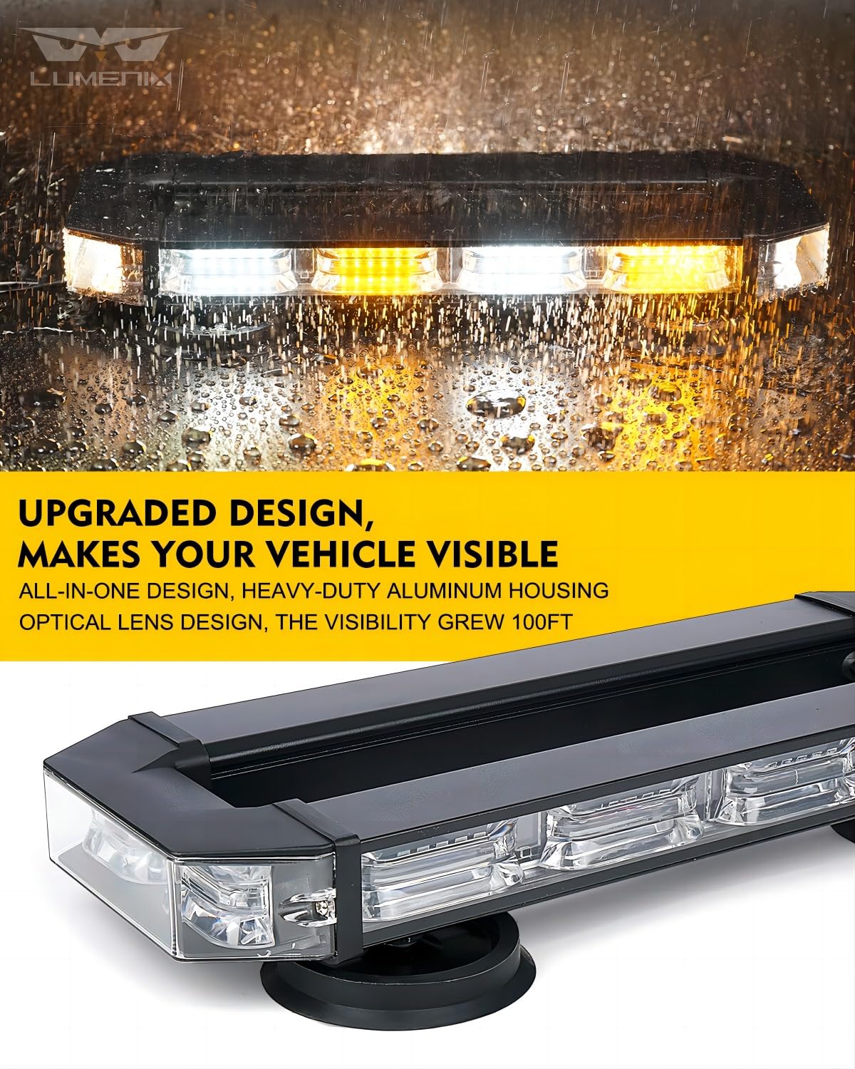 LUMENIX White & Amber LED Emergency Strobe Light Bar with Magnetic Base - Heavy Duty Warning Flashing Beacon for Trucks, Construction Vehicles, Snow Plows, Postal Carriers | Rooftop Traffic Safety & Security Lighting for Work Zones, Roadside Emergencies