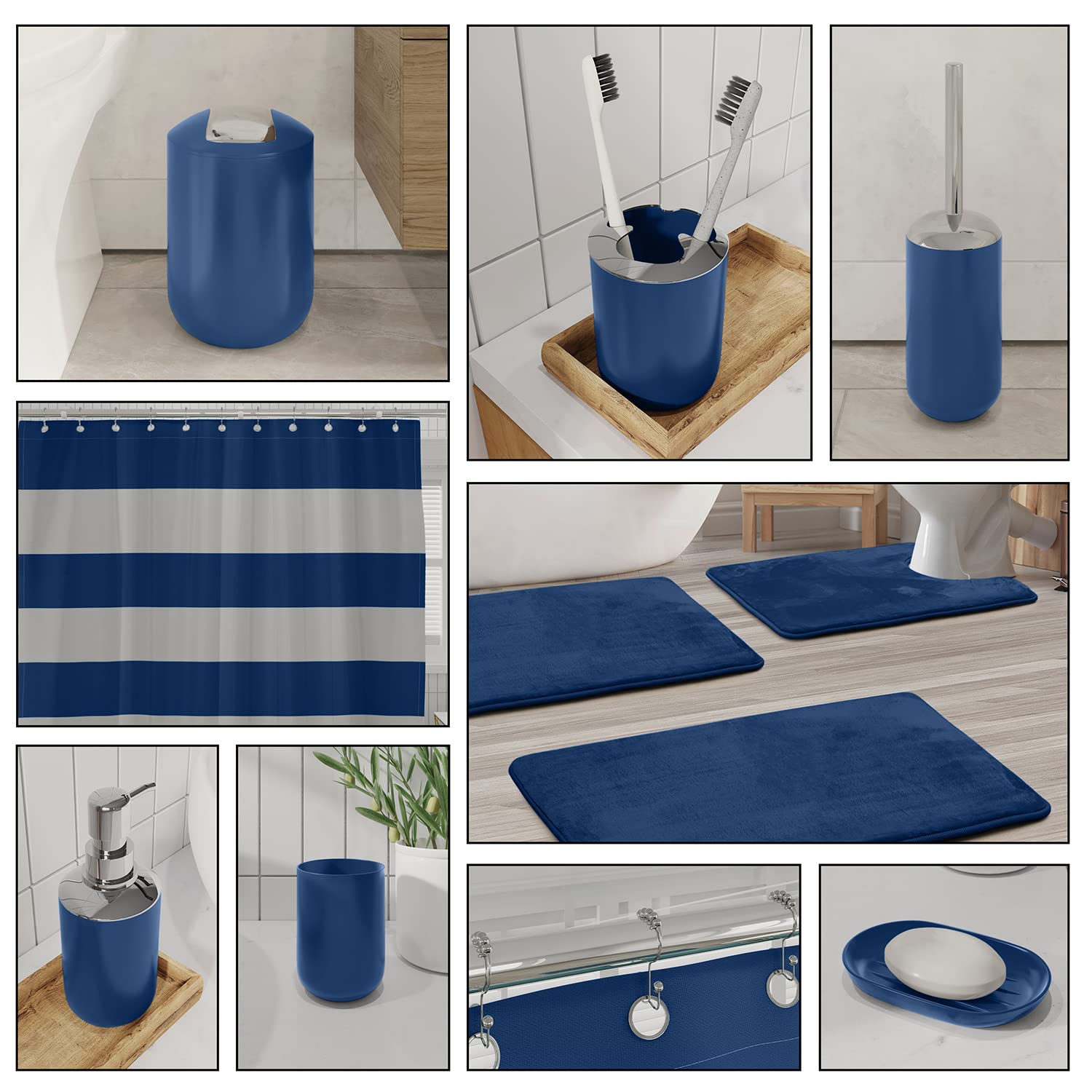 Clara Clark 23-Piece Navy Blue Bathroom Accessories Set - Includes Shower Curtain with Liner, Rugs, Soap Dispenser, Soap Dish, Toilet Brush Holder & Trash Can - Complete Bathroom Decor for Modern Homes & Guest Bathrooms