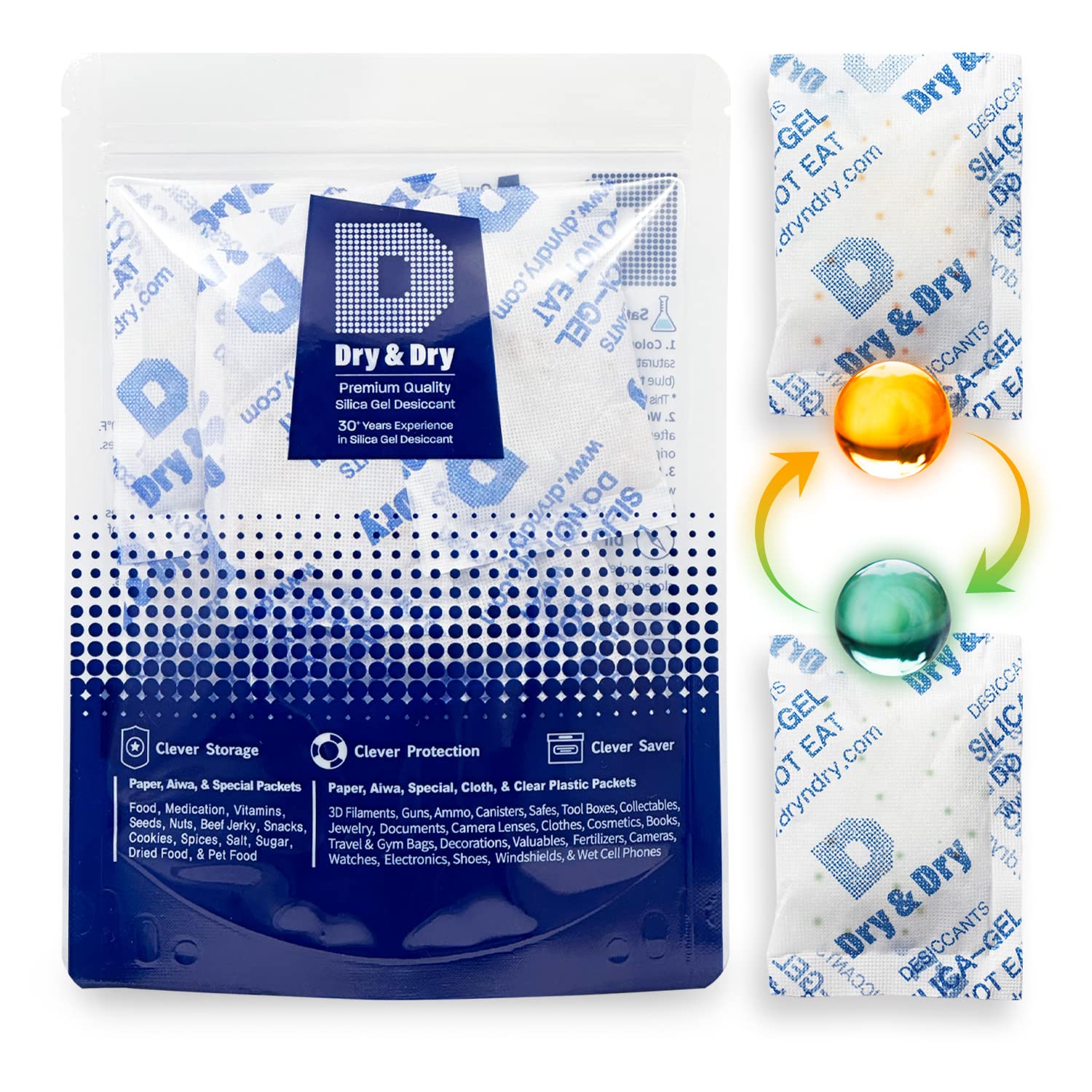 Dry & Dry 20 Gram [5 Packs] Orange Indicating Silica Gel Packets (Orange to Dark Green) - Food Safe, Rechargeable Desiccant for Moisture Control | Perfect for Food Storage, Electronics, Documents & Travel