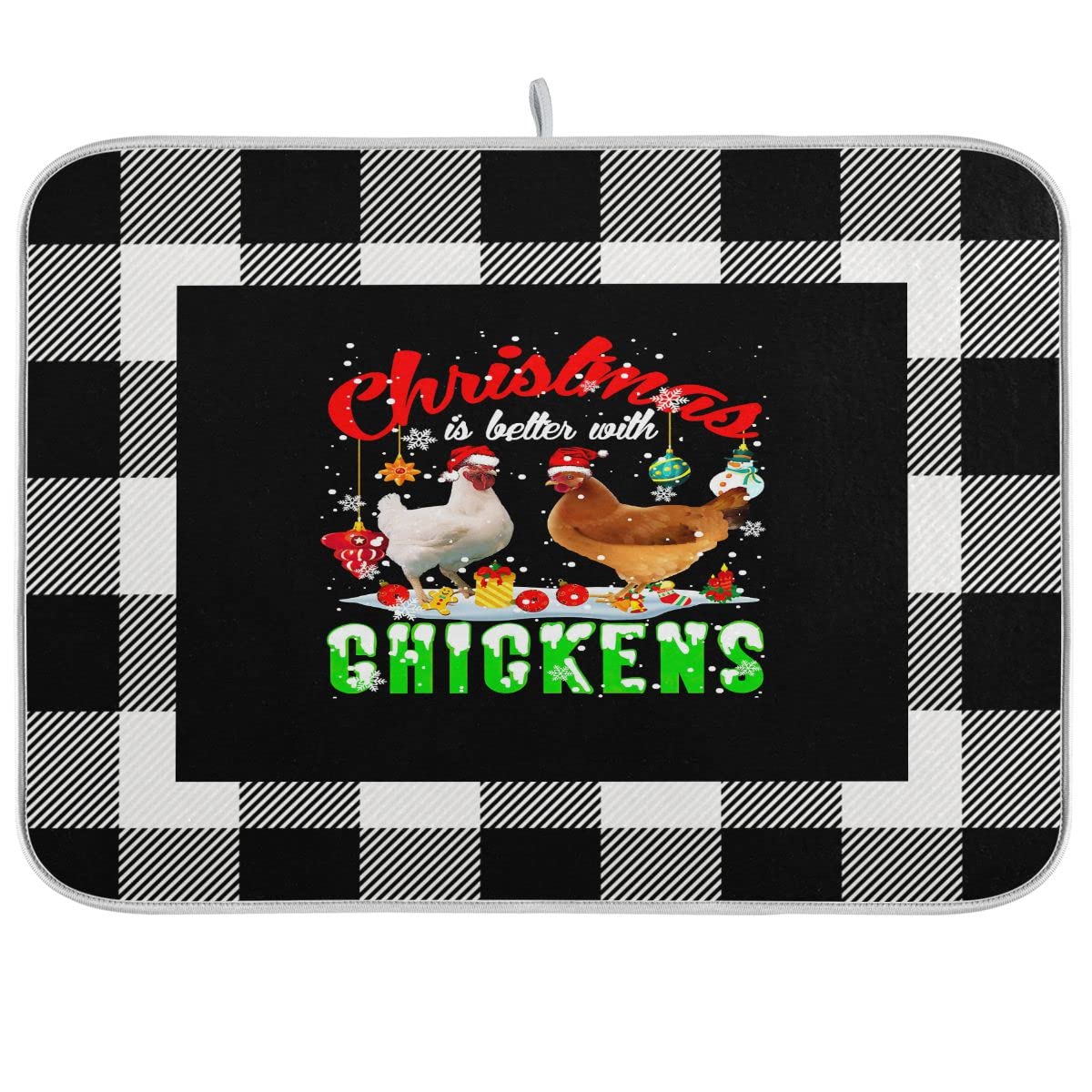 White Black Plaid Christmas Rooster Dish Drying Mat - Absorbent Microfiber Kitchen Counter Protector (16x18 Inches) - Perfect for Holiday Decor & Dish Drying
