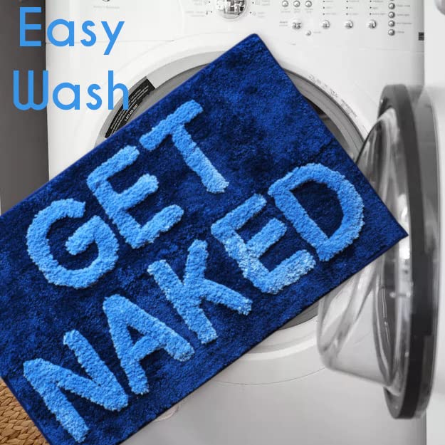 Evovee Funny Get Naked Bath Mat - Non-Slip Washable Bathroom Rug in Navy Blue & Lavender | Cute Shower Decor for Bathroom, Spa & Home