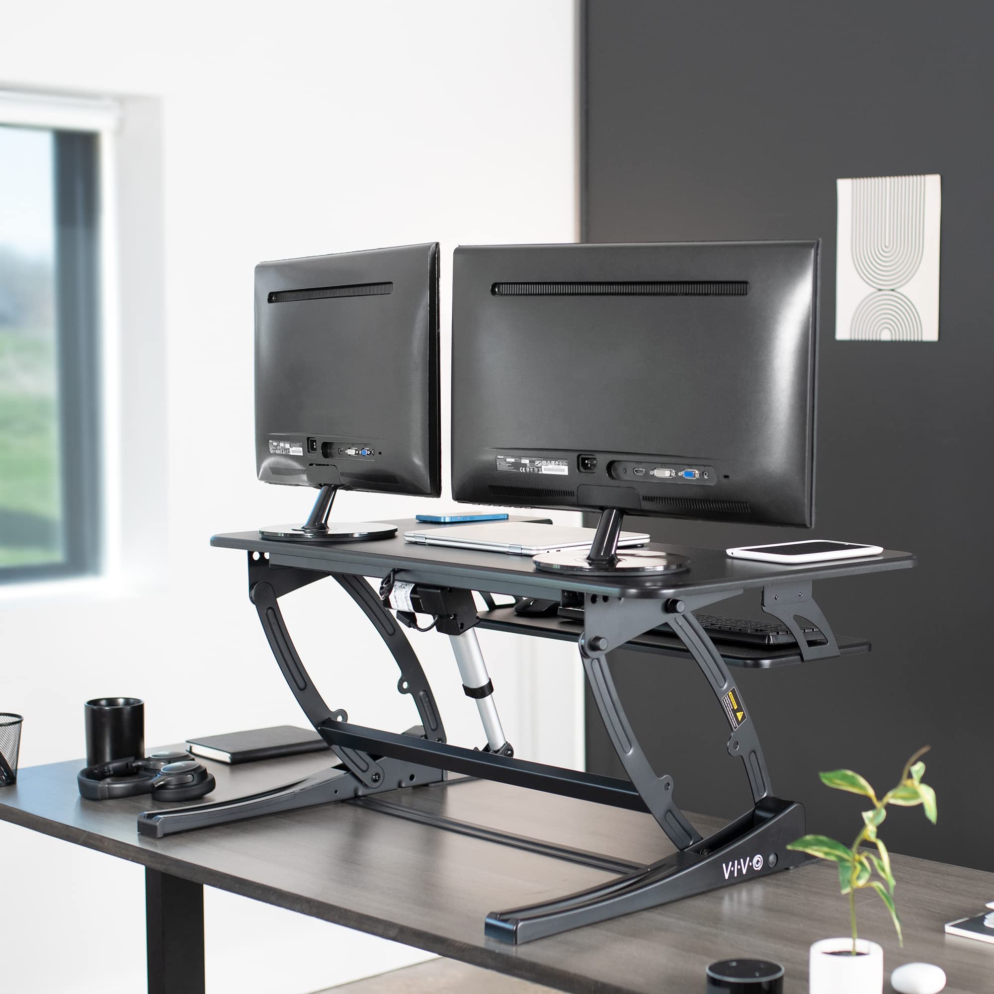 VIVO 36 Inch Electric Height Adjustable Standing Desk Converter | VE Series Sit Stand Workstation with Dual Monitor Riser & USB Port | Black DESK-V000VE | Perfect for Home Office, Gaming & Workspace Ergonomics