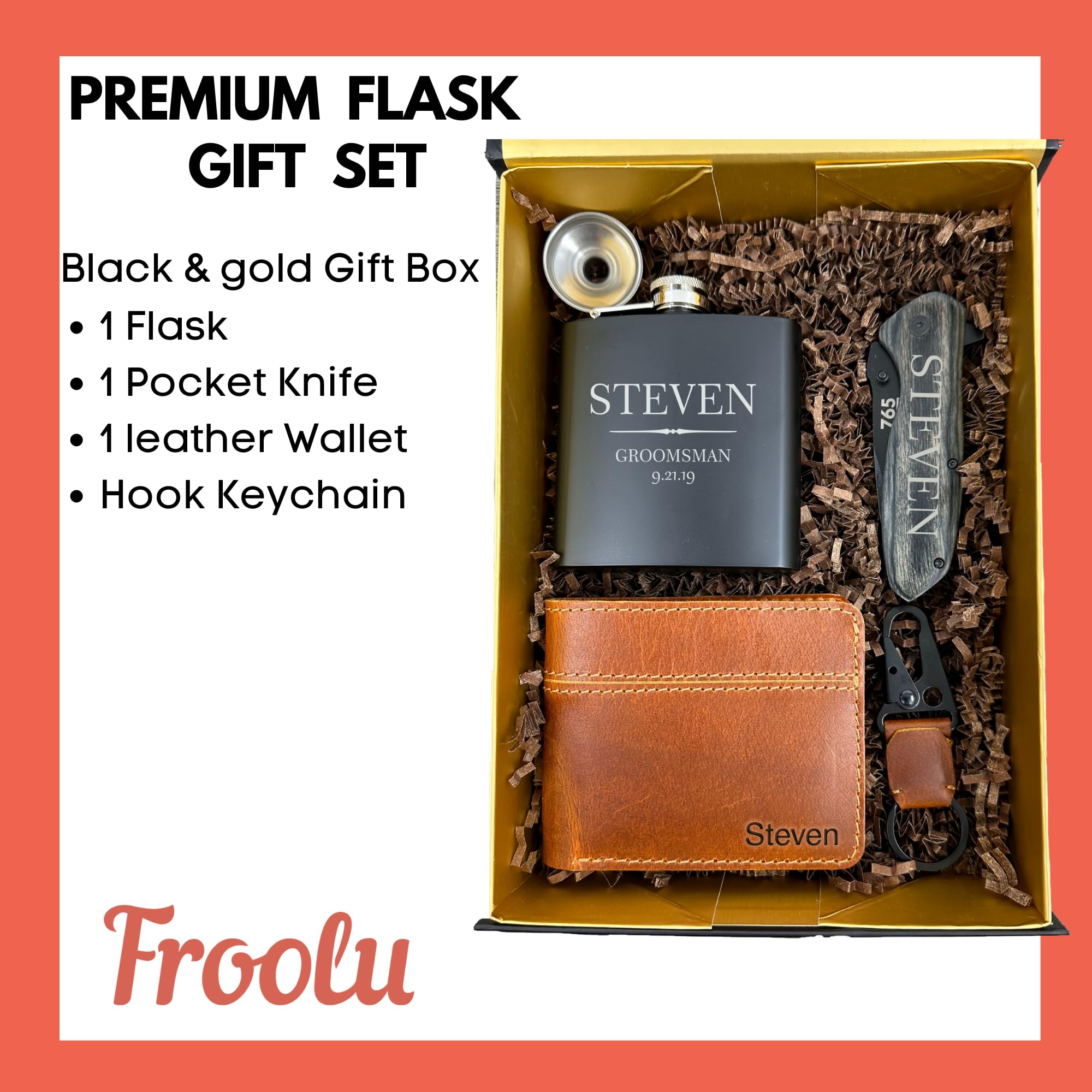 Premium Personalized Groomsman Gifts Set of 6 - Custom Engraved Flask with 9 Design Options - Best Man & Wedding Party Favors - Perfect for Proposals, Bachelor Parties & Thank You Gifts - by Froolu