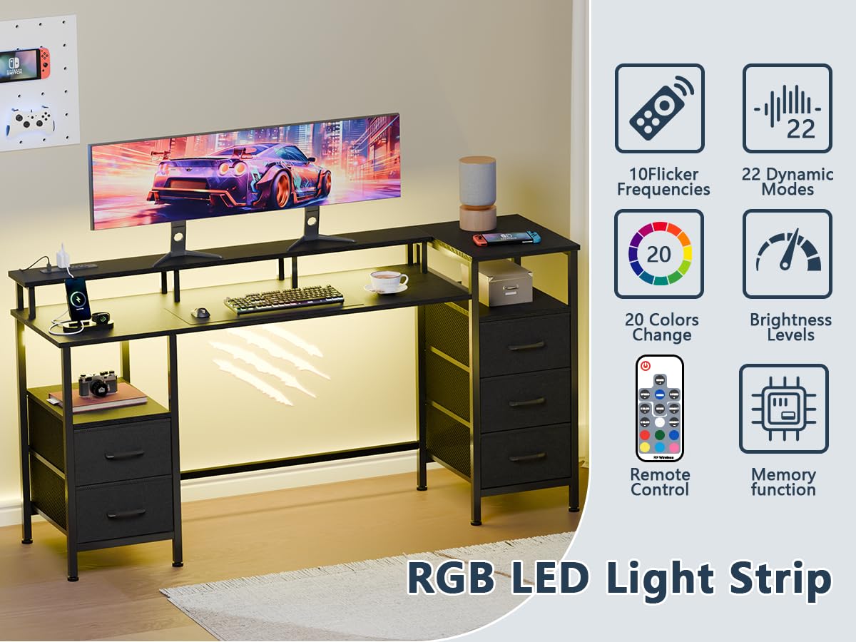 55 Inch Gaming Desk with Power Outlets & LED Lights - Adjustable Home Office Computer Desk with Fabric Storage Drawers, Perfect for Work, Study, and Gaming - Black
