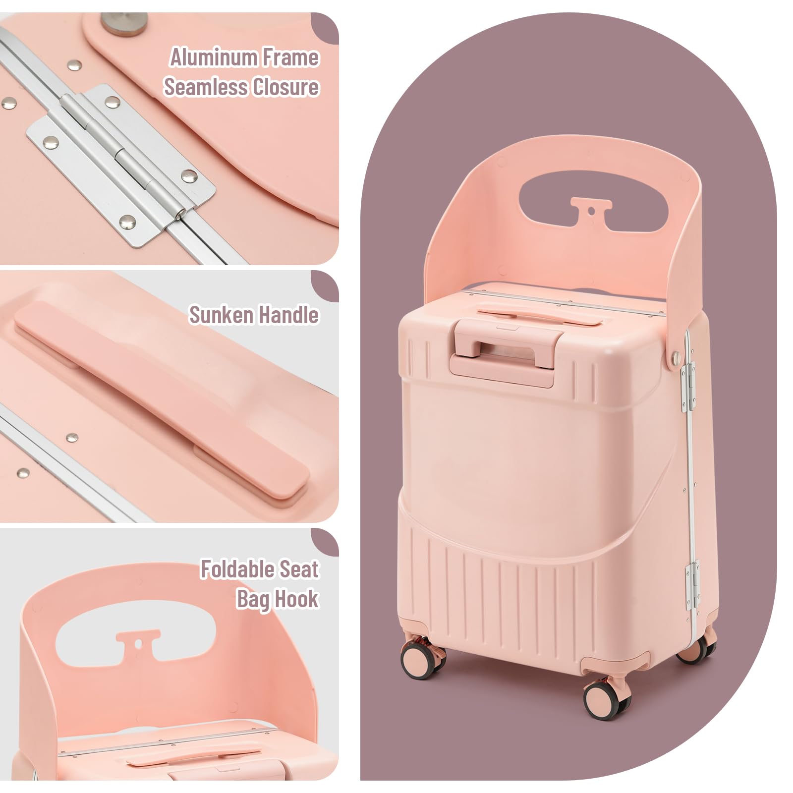22 Inch Kids TSA Lock Luggage with Child Seat - Lockable Spinner Wheels Suitcase for Travel, Airplane & Car Rides - Pink Carry-On with Seat Belt & Protective Cover (Perfect for Family Trips & Toddler Travel Accessories)