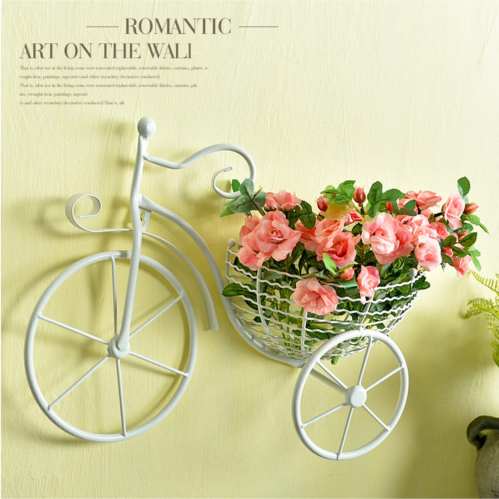 Vintage Wrought Iron Wall Hanging Decor - Classic Retro Bicycle Flower Basket Planter, Wall Mounted Flower Pot Holder for Home, Office, Garden Decor (White) | Perfect for Indoor Wall Decor, Patio, Living Room & Bedroom Aesthetic