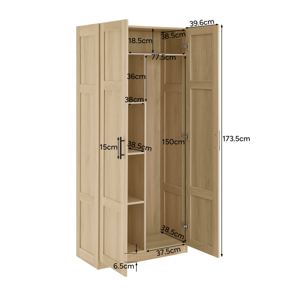 5-Tier Tall Broom Cupboard with 2 Doors - Oak Storage Cabinet for Kitchen, Bathroom & Utility Room Organization