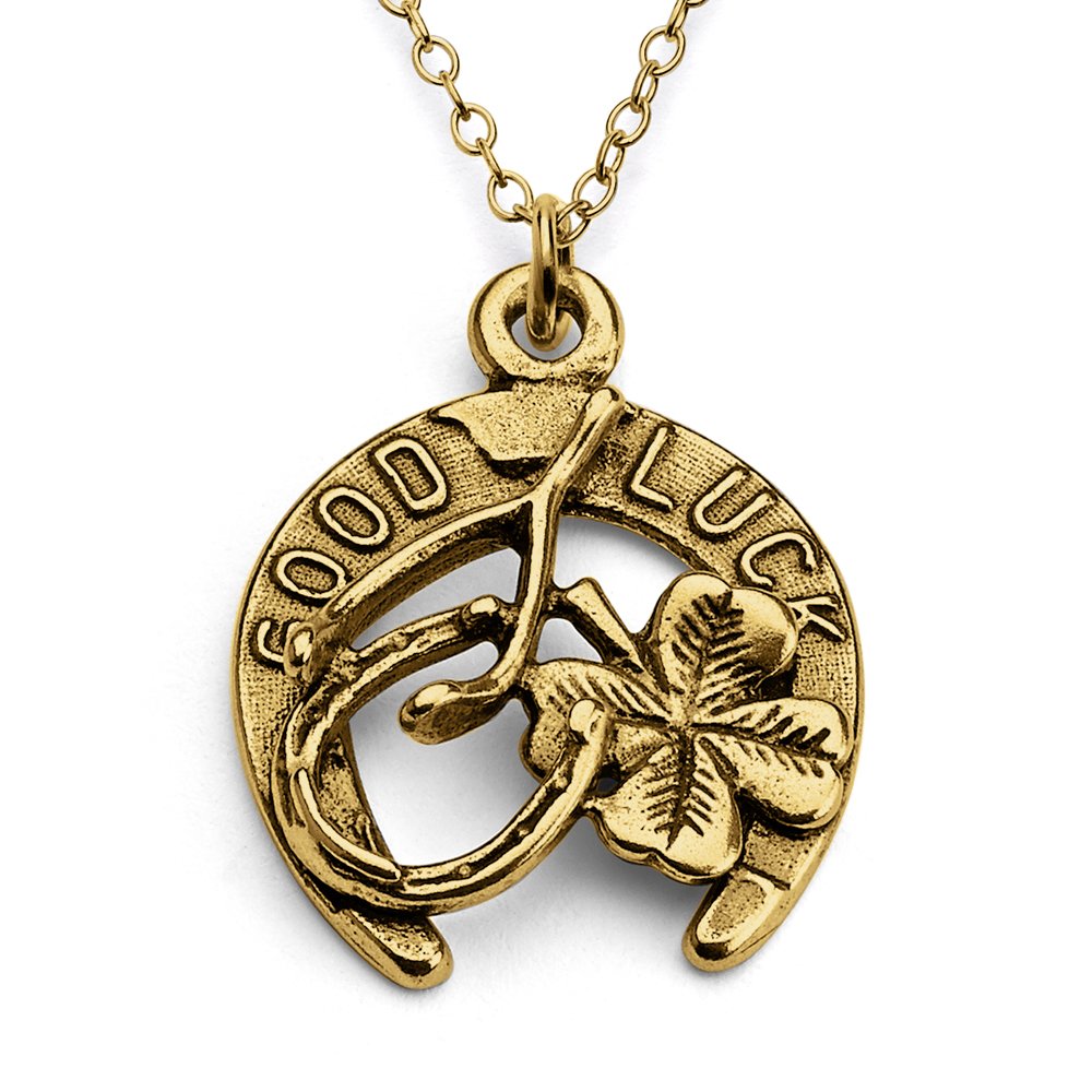 Gold Plated Silver Necklace with Good Luck Charms - Horseshoe, 4 Leaf Clover & Wishbone Pendant | Perfect for Birthday Gifts, Anniversary Presents & Everyday Jewelry