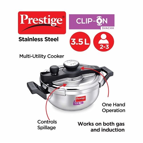 Prestige Svachh Clip-On 3.5L Stainless Steel Pressure Cooker Kadai with Glass Lid - Fast & Safe Cooking for Rice, Curry, Dal & More | Perfect for Home Kitchens & Indian Cuisine
