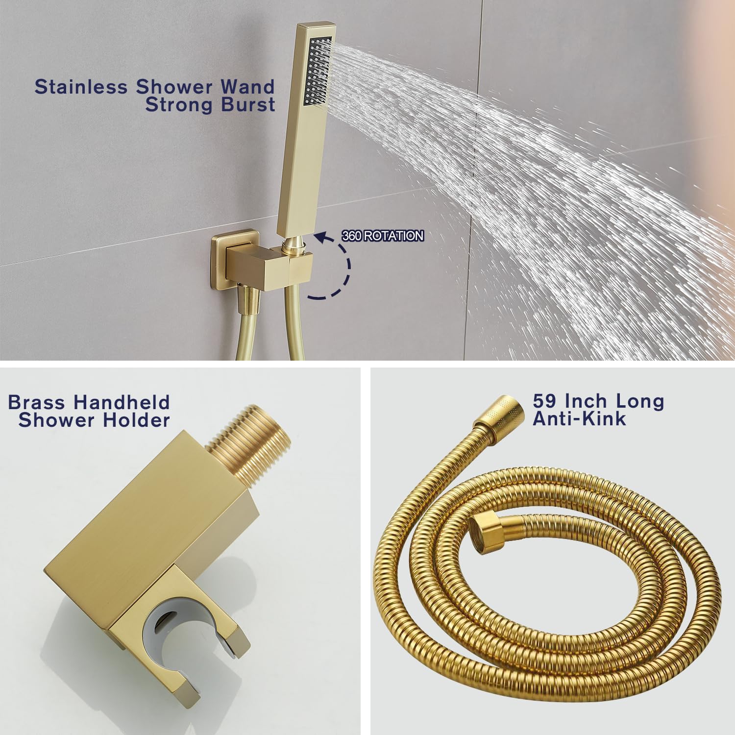 High Pressure 10 Inch Shower Faucet Set with Handheld Spray & Rough-in Valve - Brushed Gold Finish for Bathroom & Shower Room | Perfect for Modern Home Spa Experience & Water Saving