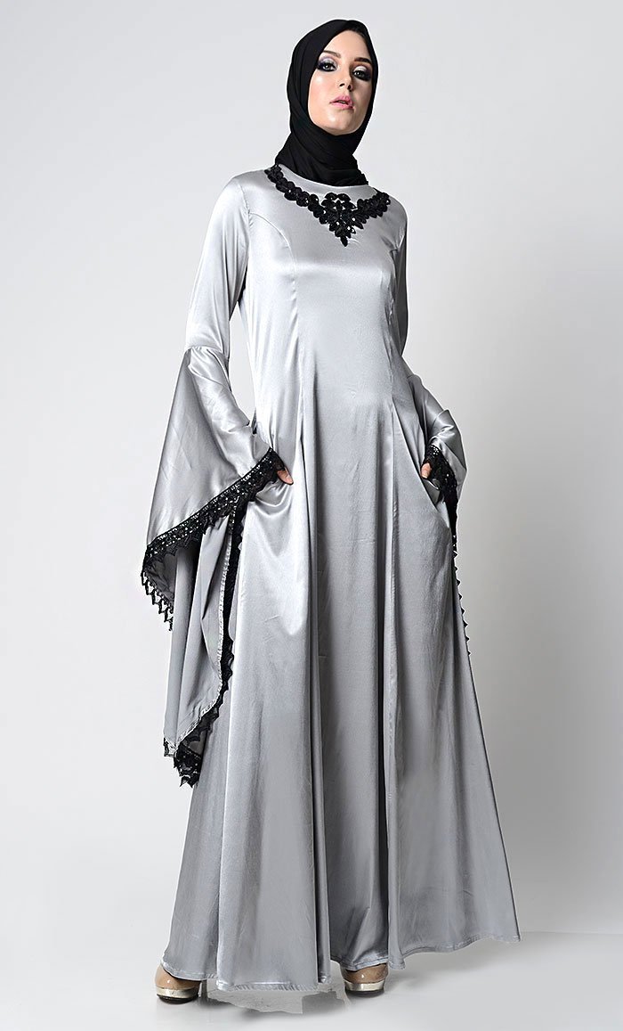 Elegant Classic Gray Embroidered Luxe Abaya Dress - Modest Islamic Clothing for Women | Perfect for Prayer, Special Occasions & Everyday Wear