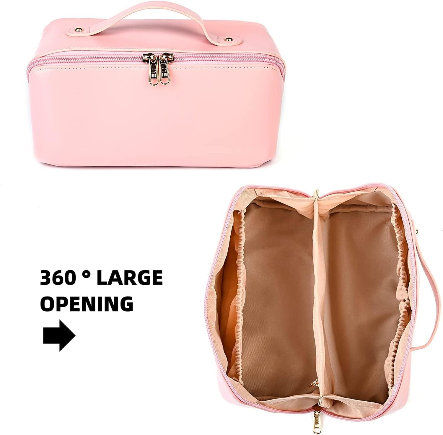 Large Capacity Leather Cosmetic Travel Bag for Women - Portable Makeup Organizer with Handle & Divider, Wide Opening Makeup Storage Bag (Pink) | Perfect for Travel, Gym, and Daily Makeup Organization