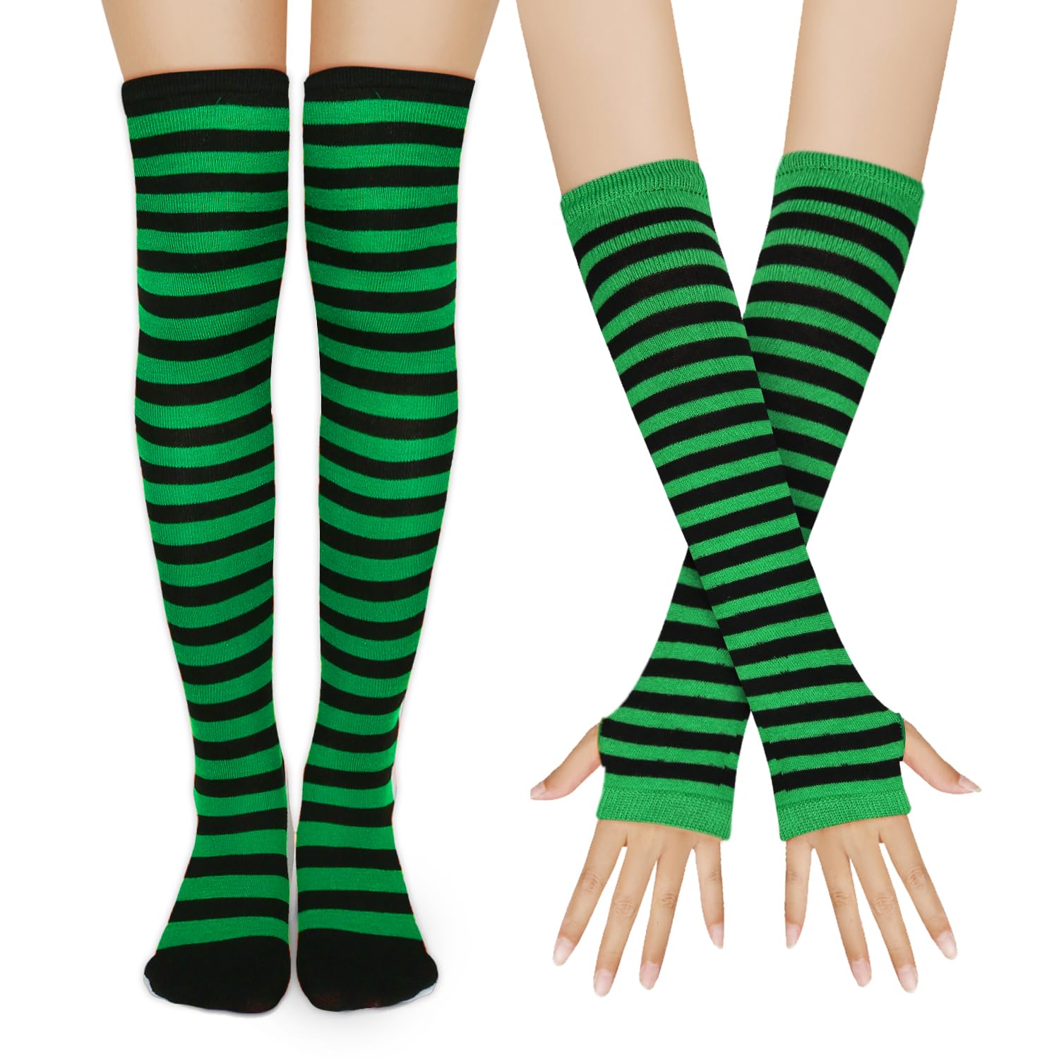 Benefeet Women's Striped Thigh High Socks & Arm Warmers Set with Fingerless Gloves - Over Knee High Stockings for Halloween, Cosplay, Winter Fashion & Outfit Accessories