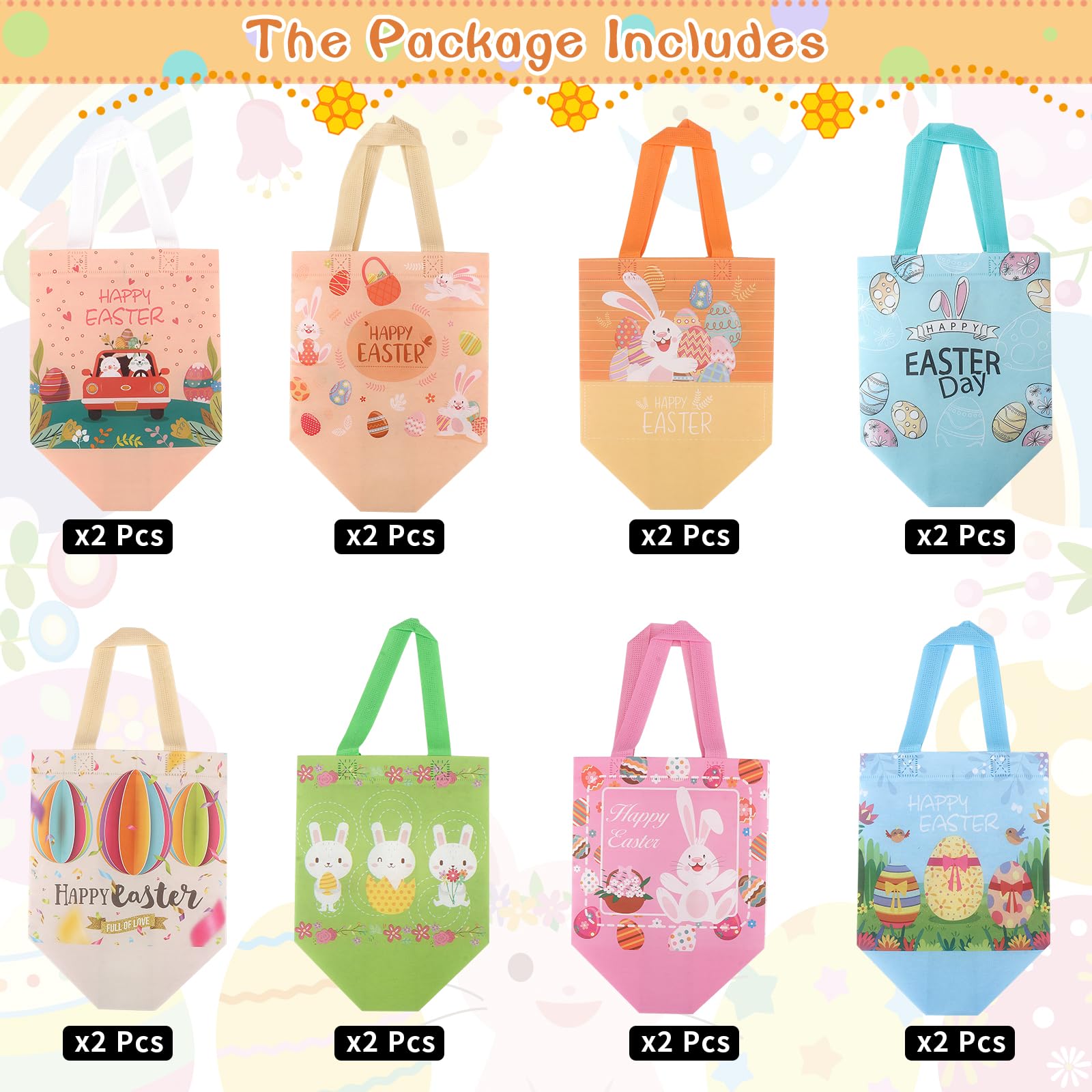 16PCS Easter Gift Bags for Kids - Reusable Bunny Egg Tote Bags with Handles for Easter Egg Hunt Party Supplies | Easter Basket Stuffers, Classroom Treat Bags, Spring Celebration Favors
