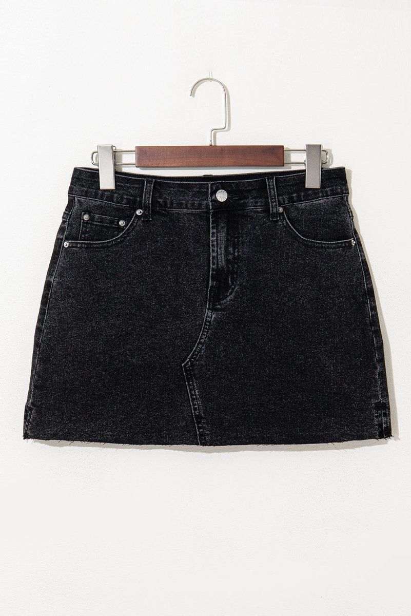 Carbon Grey Mineral Wash Ripped Raw Hem Denim Mini Skirt for Women - Vintage Distressed Denim Skirt for Casual Outfits & Streetwear Fashion