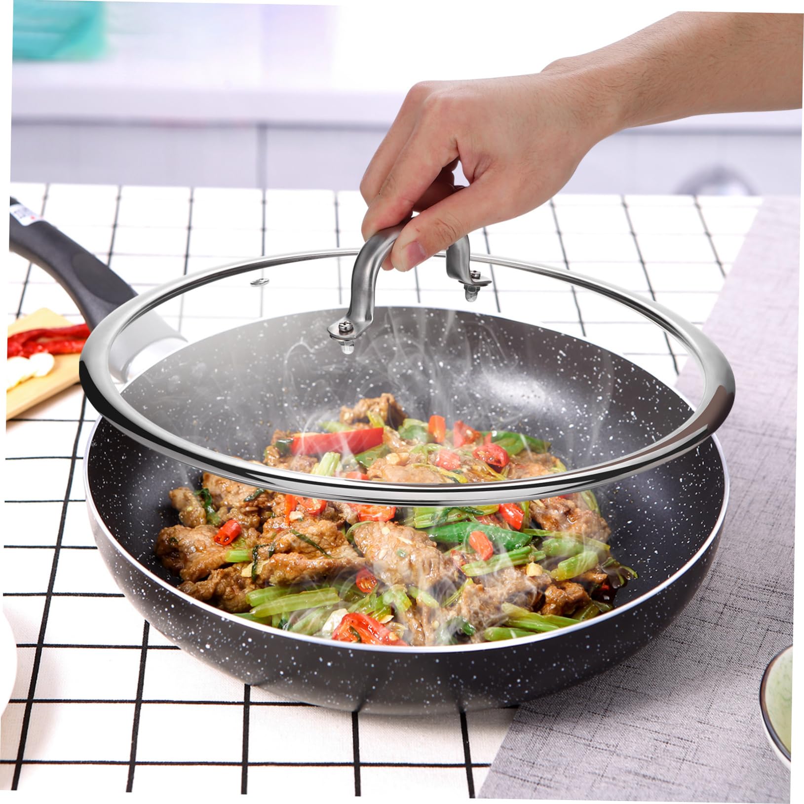 Stainless Steel Pot Lid Replacement - 34cm Clear Glass Cover with Handle, Anti-Overflow Design for Frying Pans & Cooking Pots - Perfect for Home Kitchen & Restaurant Use