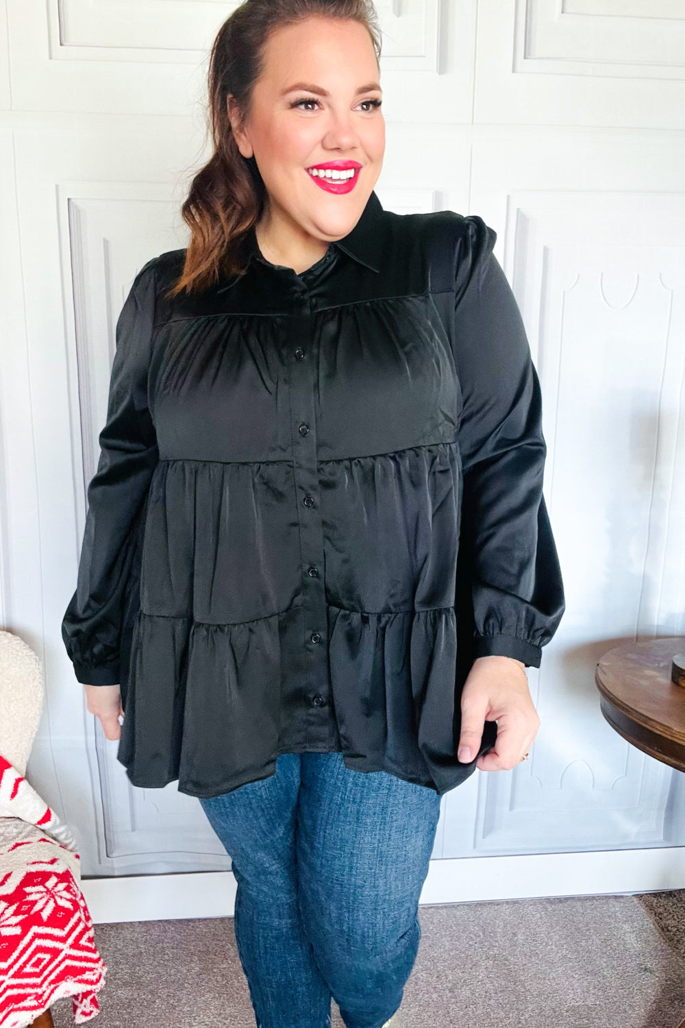Perfectly You Black Button Down Tiered Babydoll Satin Top for Women | Elegant Sleeveless Blouse for Party, Date Night & Special Occasions