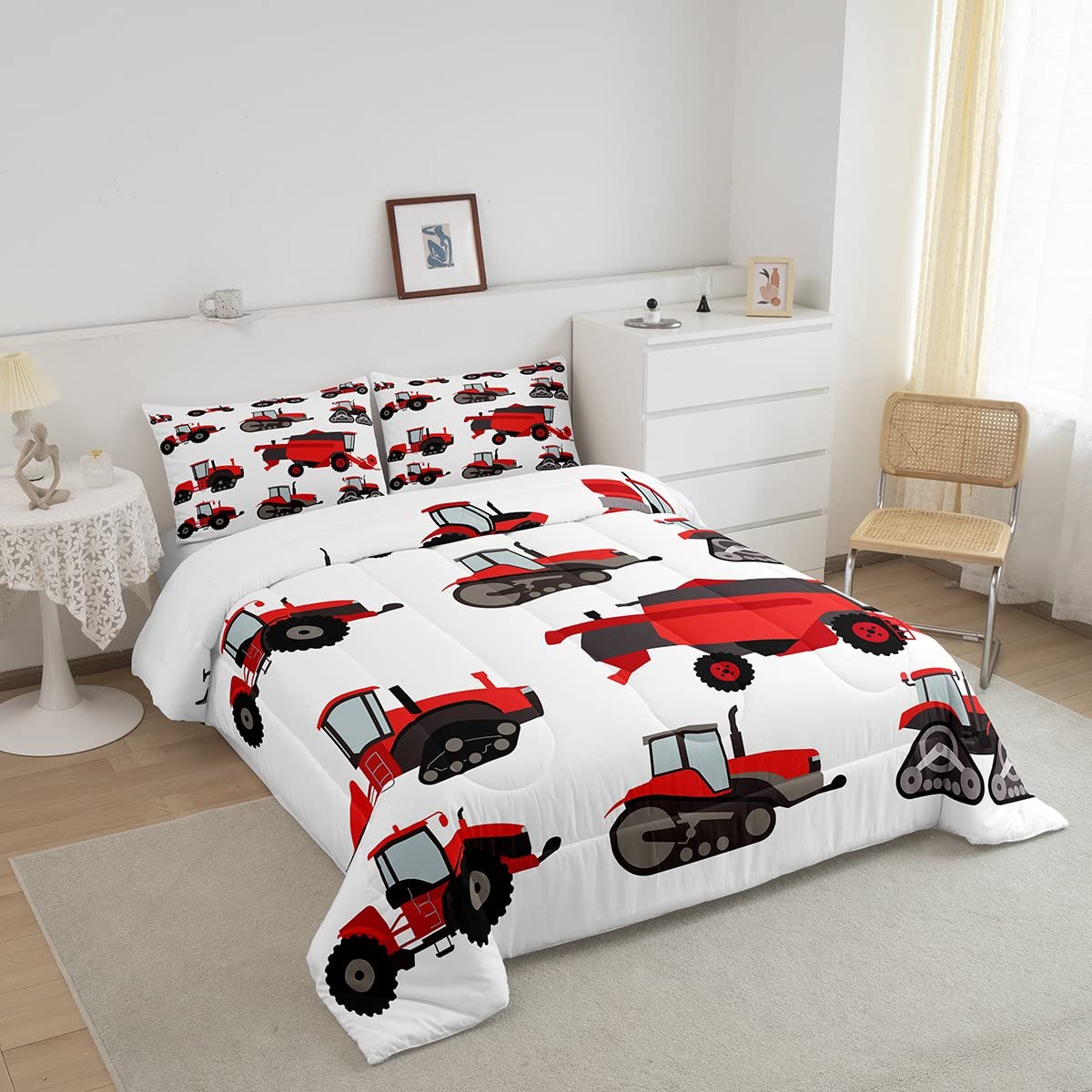 Feelyou Red Tractor Comforter Set - 3Pcs Queen Size Farm Equipment Bedding Collection with Harvester Design | Perfect for Boys' Room, Farmhouse Decor & Themed Bedrooms
