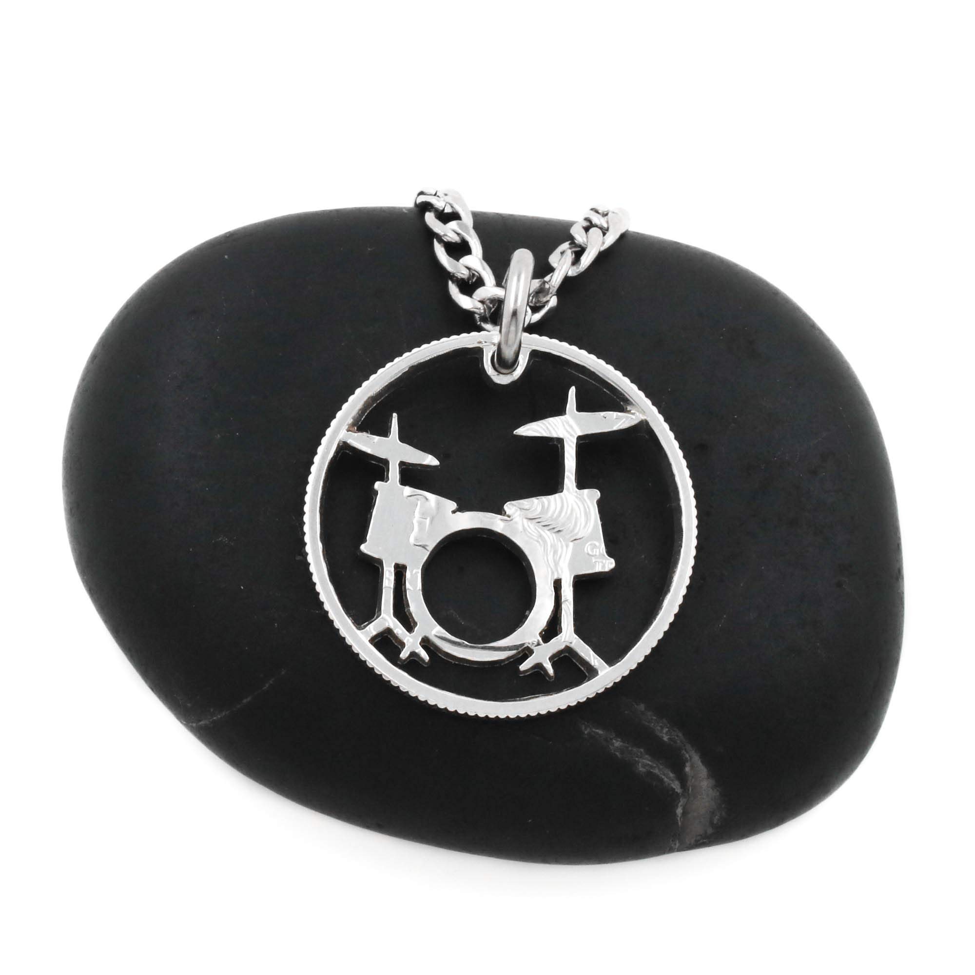NameCoins Drum Set Necklace - Unique Hand-Cut Coin Jewelry for Drummers & Rock Music Fans - Perfect Gift for Band Members & Music Lovers - Stage Performance & Casual Wear Accessory