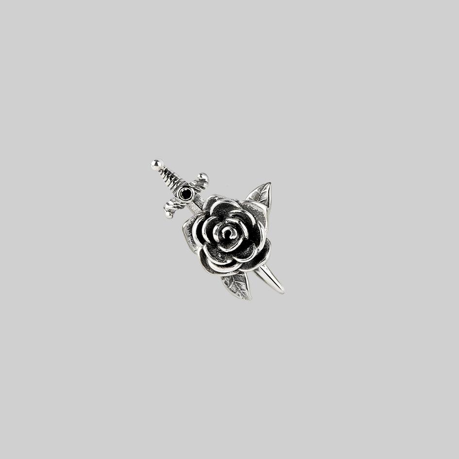 Rhapsody Dagger Through Rose Stud Earrings - Sterling Silver Gothic Jewelry for Women, Perfect for Punk Fashion, Gothic Parties & Alternative Style