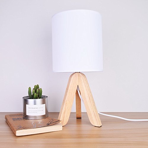 Minimalist White Fabric Lamp Shade with Wooden Base - Classic Bedside Table Lamp with Dimmer Switch (Bulbs Not Included) | Perfect for Bedroom, Living Room & Office Decor | TD0300-DIM