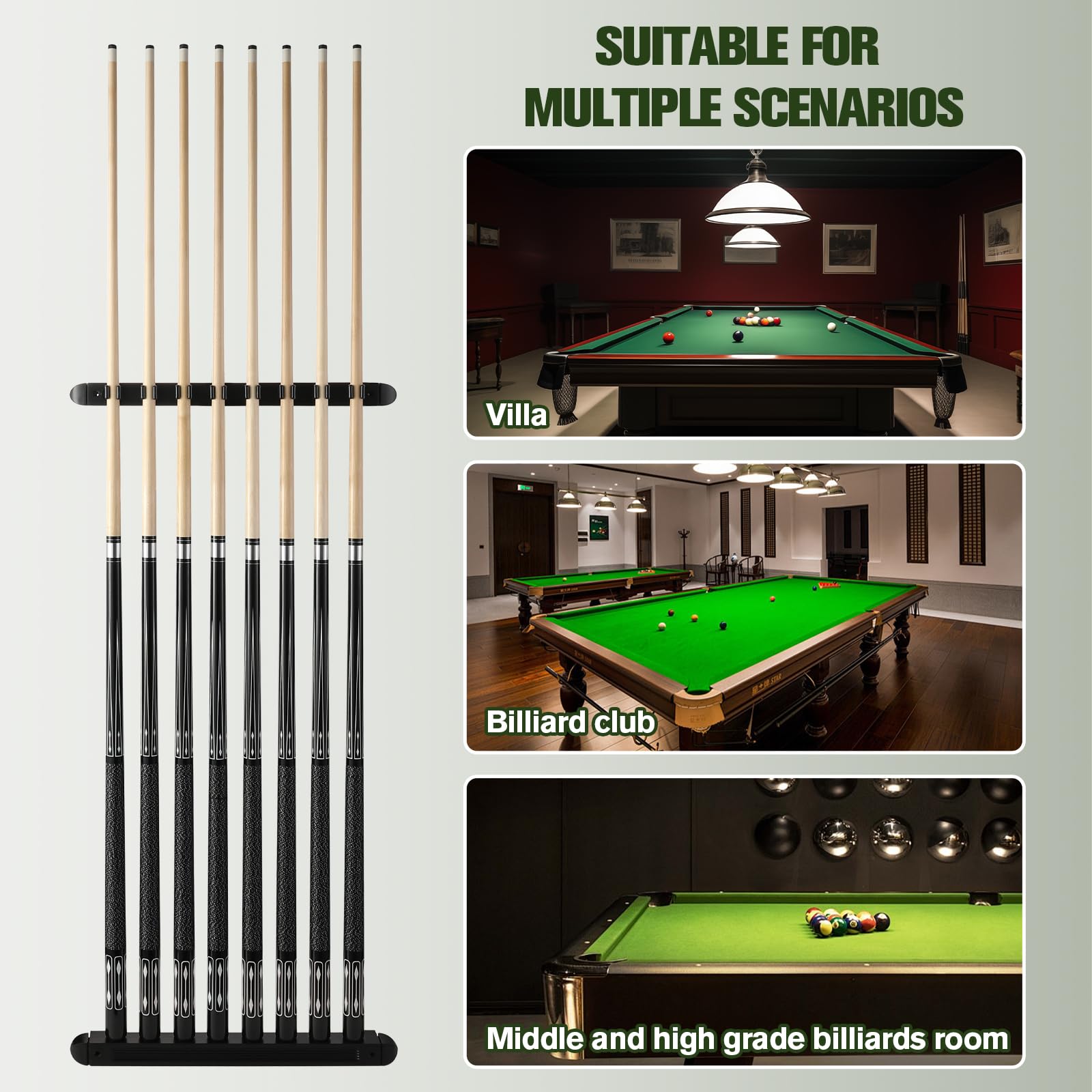Wall Mounted Pool Cue Holder - Holds 6/8 Billiard Sticks - Durable Pool Accessory for Game Room, Bar or Home Decor