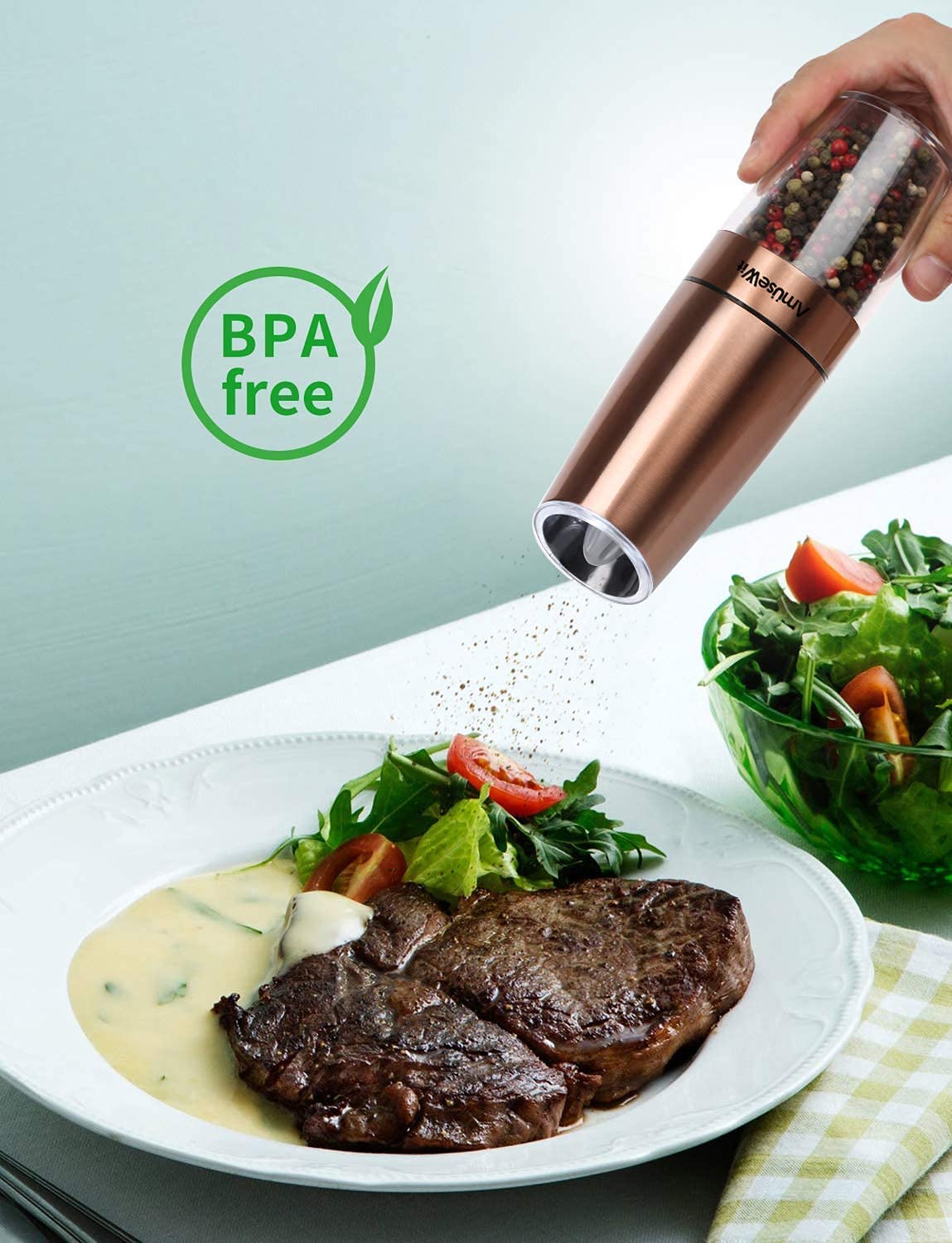 AmuseWit 4-Piece Electric Gravity Salt and Pepper Grinder Set - Battery Powered Automatic Mill with Adjustable Coarseness, One-Hand Operation, LED Light & Cleaning Brush - Perfect for Kitchen, Dining Table, Camping & Gifts
