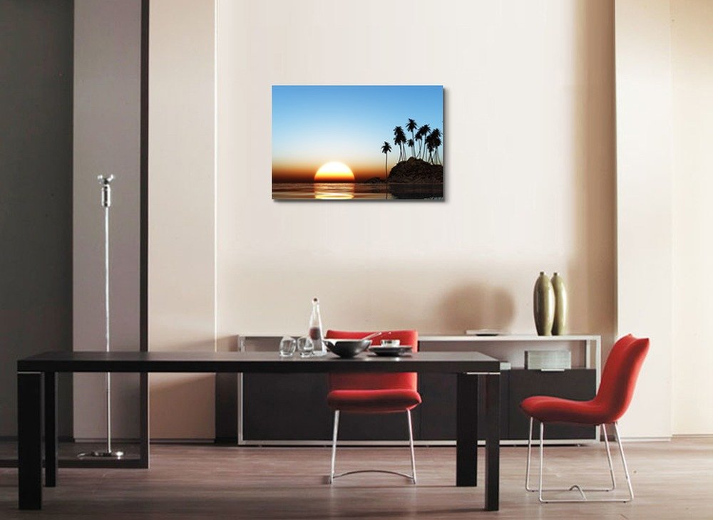 Tropical Beach Sunset Canvas Wall Art - 24x36 Inch Stretched Ready to Hang Gallery Wrap Giclee Print - Modern Home Decor for Living Room, Bedroom & Office