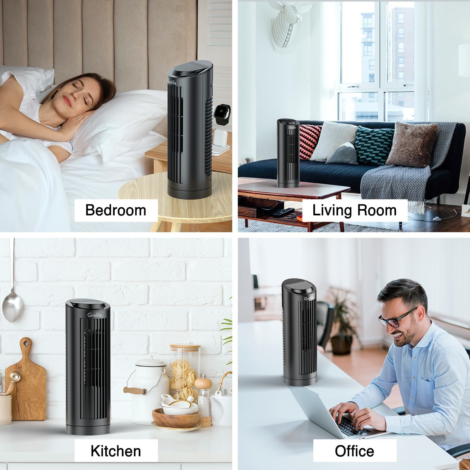 Grelife 13'' Bladeless Tower Fan with 3 Speed Settings - Ultra Quiet Cooling Desk Fan, 70° Oscillation, Compact & Portable - Perfect for Bedroom, Home Office, Dorm Room & Small Spaces