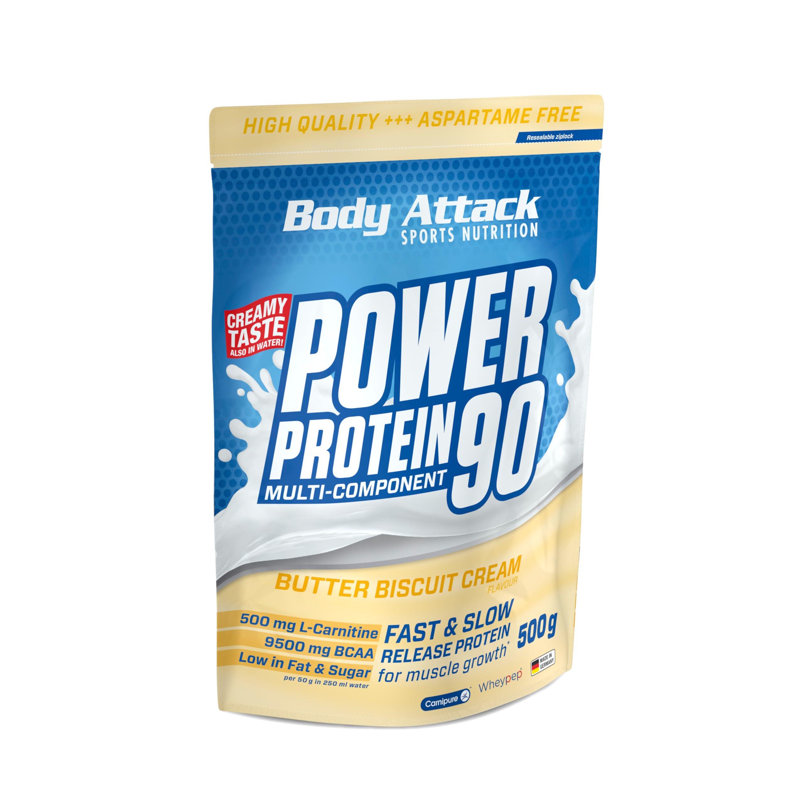 Body Attack Power Protein 90 - Butter Biscuit Flavor - 500g Multi-Component Protein Powder with BCAA, Vitamins & L-Carnitine - Made in Germany - Creamy Protein Shake for Muscle Recovery & Post-Workout Nutrition - Ideal for Gym, Fitness & Bodybuilding