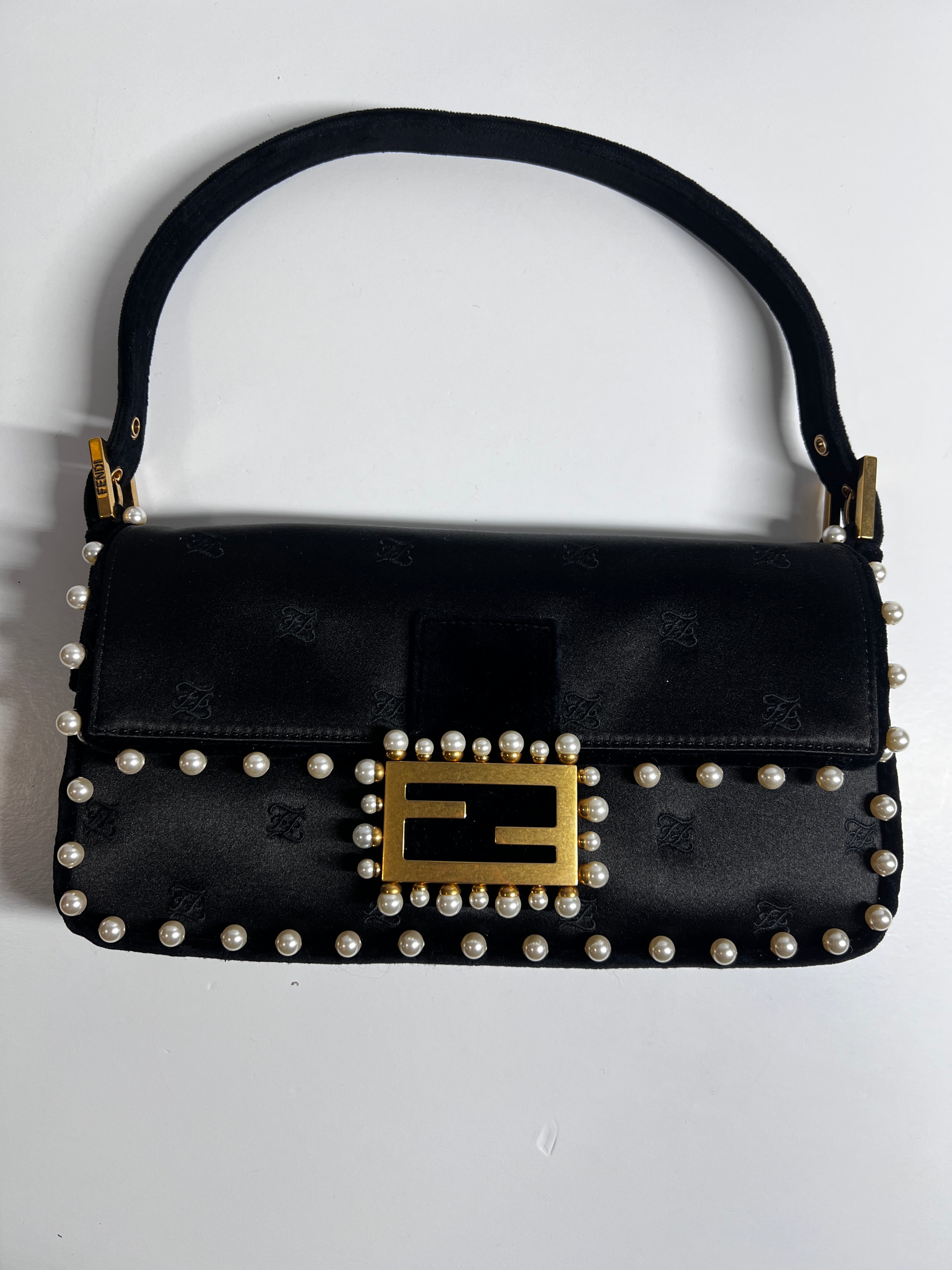 Fendi 15th Anniversary Satin Pearl Velvet Baguette Bag - Luxury Designer Shoulder Purse for Women, Evening Parties & Special Occasions