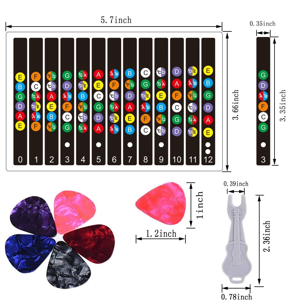 Color-Coded Guitar Fretboard Stickers for Beginners - Note Decals with Fingerboard Frets Map for 6-String Acoustic & Electric Guitars - Includes 5 Guitar Picks & Bridge Pin Puller - Perfect for Learning, Practice & Music Lessons