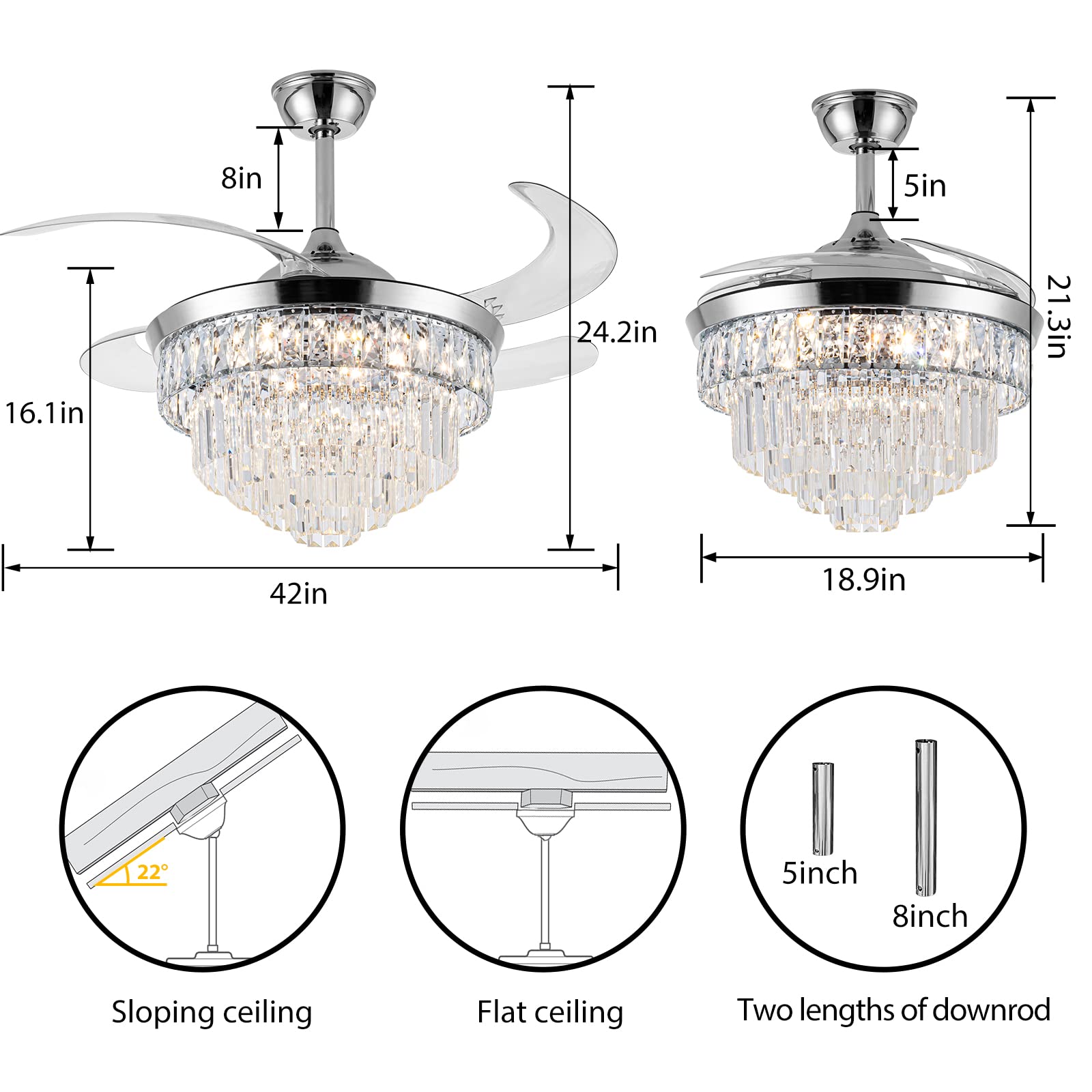 42 Inch Crystal Ceiling Fan with LED Light - Dimmable Modern Chandelier Fan, 6 Speed Retractable Blades for Bedroom, Living Room & Dining Room | Energy Efficient Cooling & Elegant Lighting Solution for Home Decor
