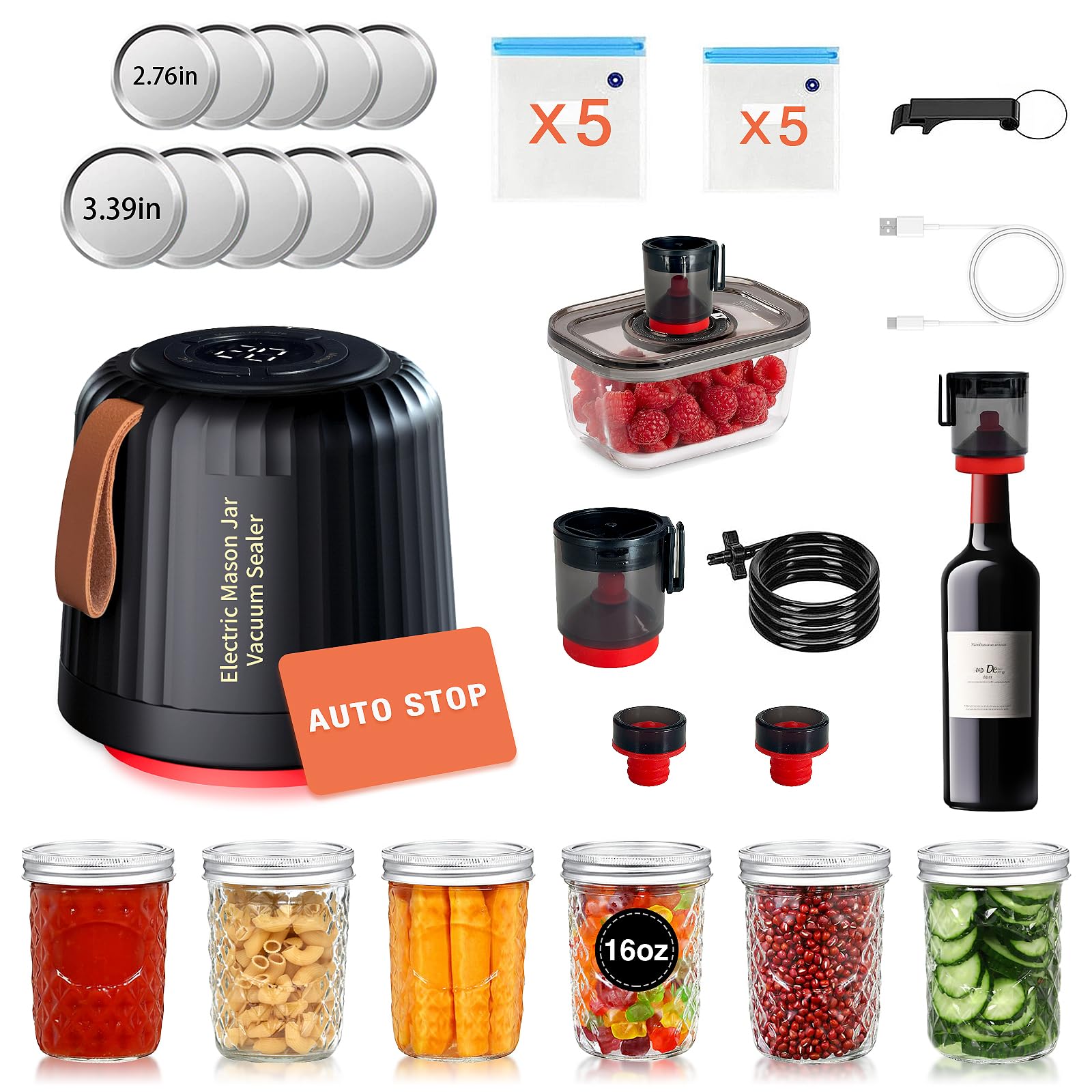 Electric Mason Jar Vacuum Sealer Kit with 16 oz Wide Mouth Jars - Food Preservation System for Freshness | Perfect for Meal Prep, Canning, Sous Vide & Long-Term Storage