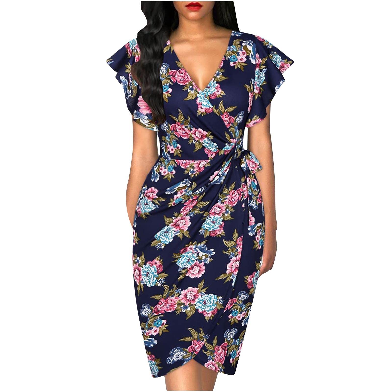 bmkBWO Floral Print Flutter Sleeve V-Neck Mini Dress for Women - Elegant Wedding Guest Dress with Side Slit & Loose Fit, Perfect for Cocktail Parties, Bridal Showers & Summer Events