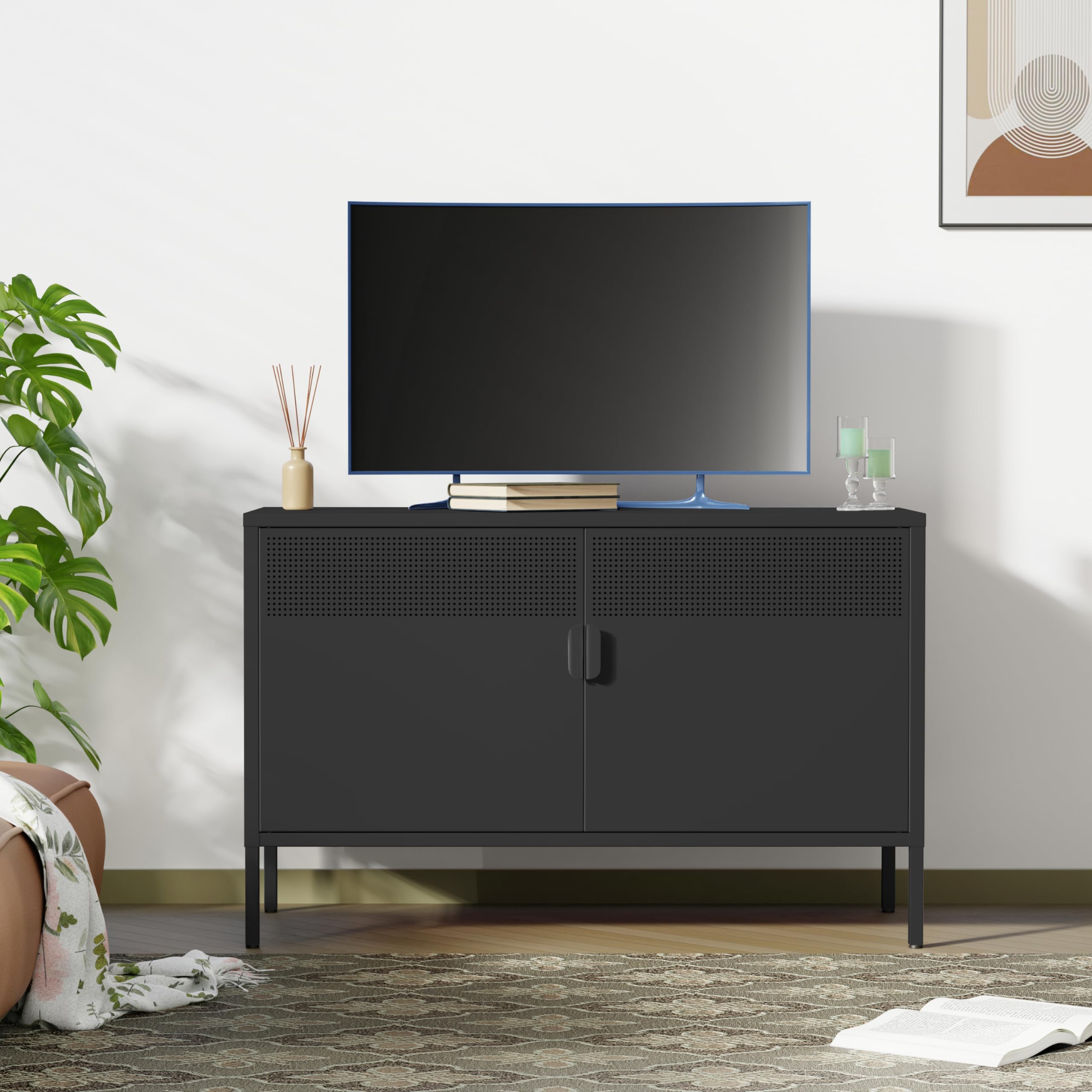 Black Wide Metal Locker Storage Cabinet - 2 Door Industrial Style Cabinet for Home & Office Organization - 2 Tier Low Profile Metal Cabinet with Adjustable Shelf - Multipurpose TV Stand, Entryway Storage & Closet Organizer - Perfect for Living Room, Bedroom, Office or Garage Storage Solutions