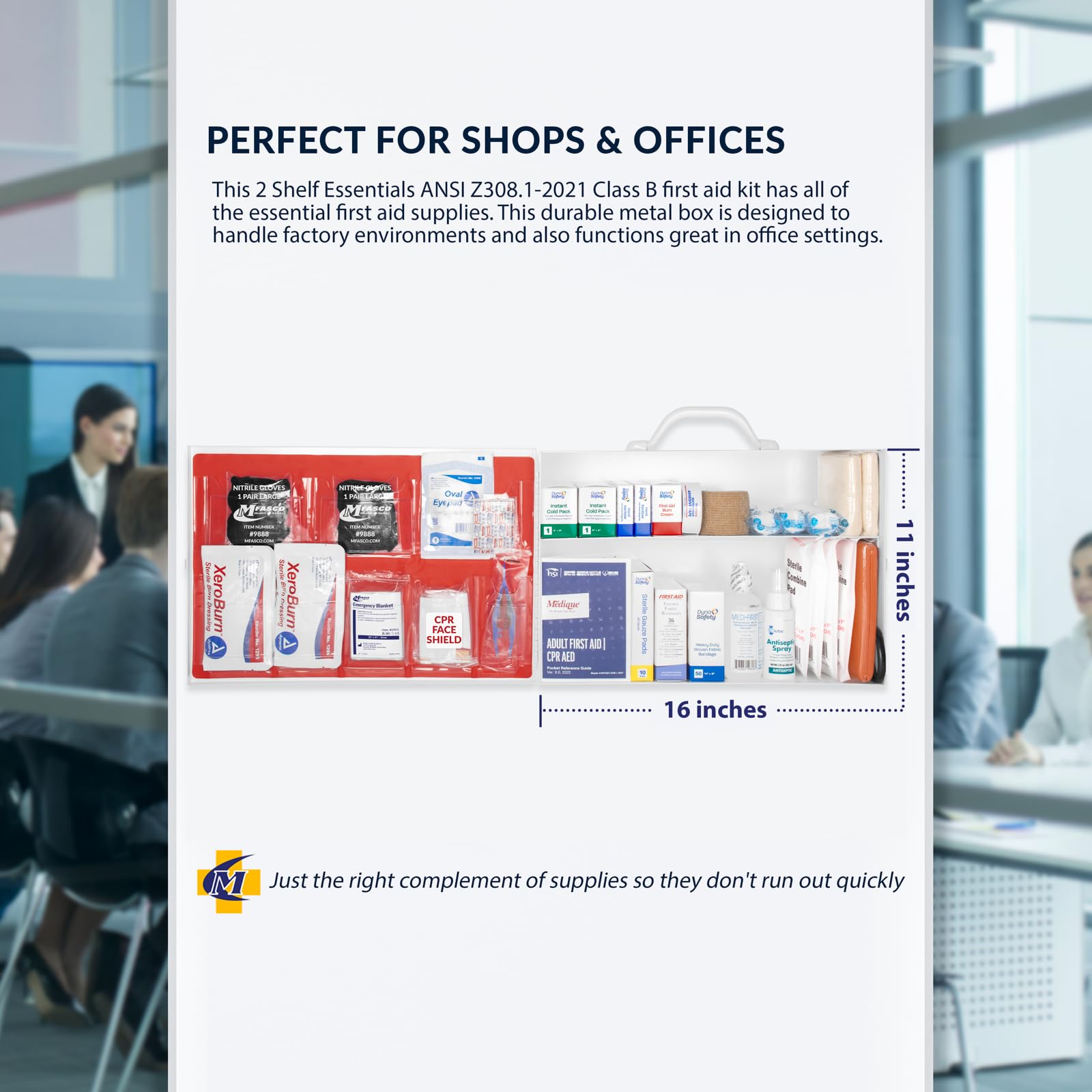 OSHA 2021 Class B Essentials First Aid Kit - 171 Pieces with 2 Shelf Metal Case | Workplace Safety, Emergency Preparedness & Home Use