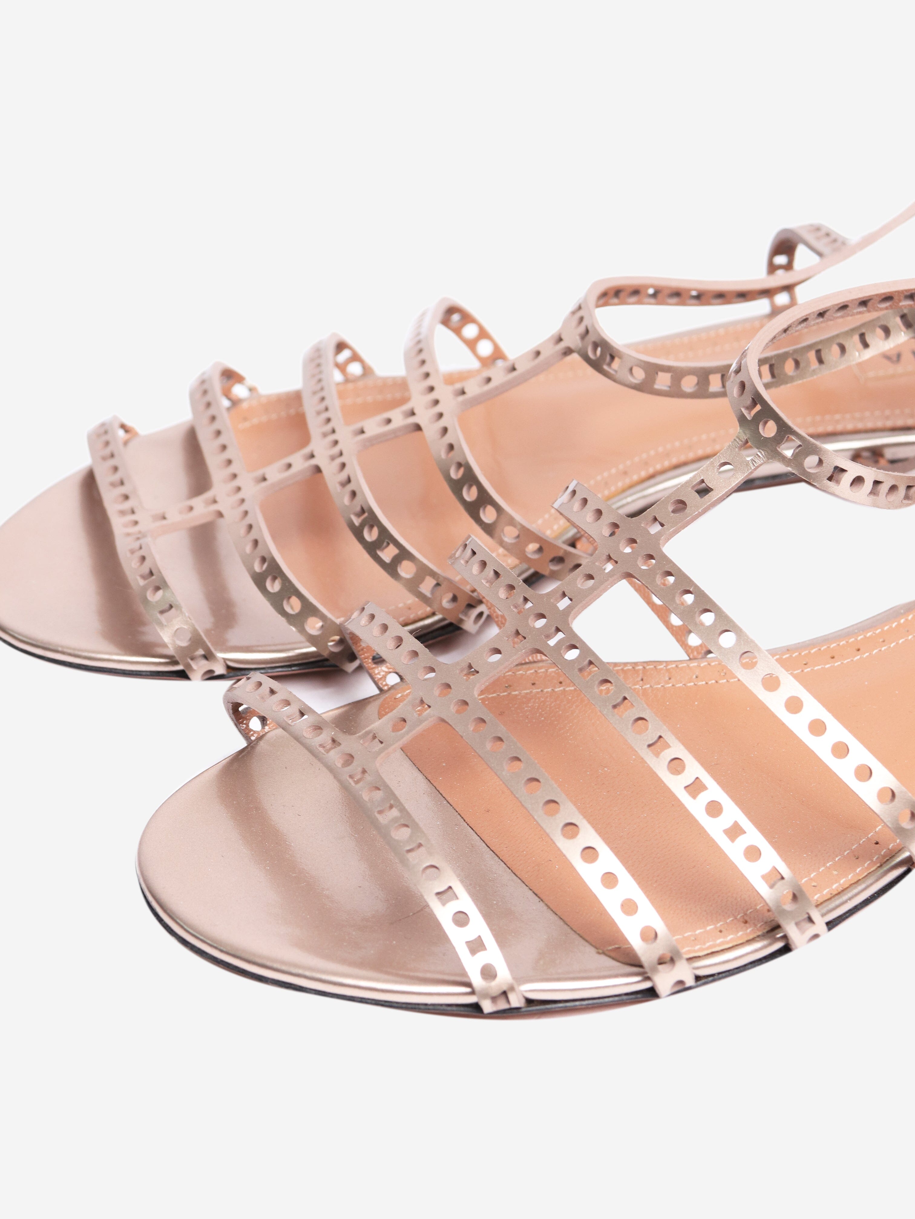 Bronze Leather Laser Cut Strap Sandals - Size EU 38.5 (US Women's 8) - Comfortable Summer Beach Wedding Casual Shoes
