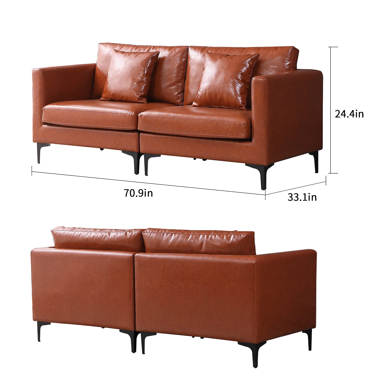 70.9'' Genuine Leather Loveseat Sofa - Modern Upholstered 2-Seater Couch with Padded Cushions for Living Room, Bedroom, Office & Apartment (Camel Brown) - Perfect for Small Spaces, Lounge Areas and Cozy Home Decor