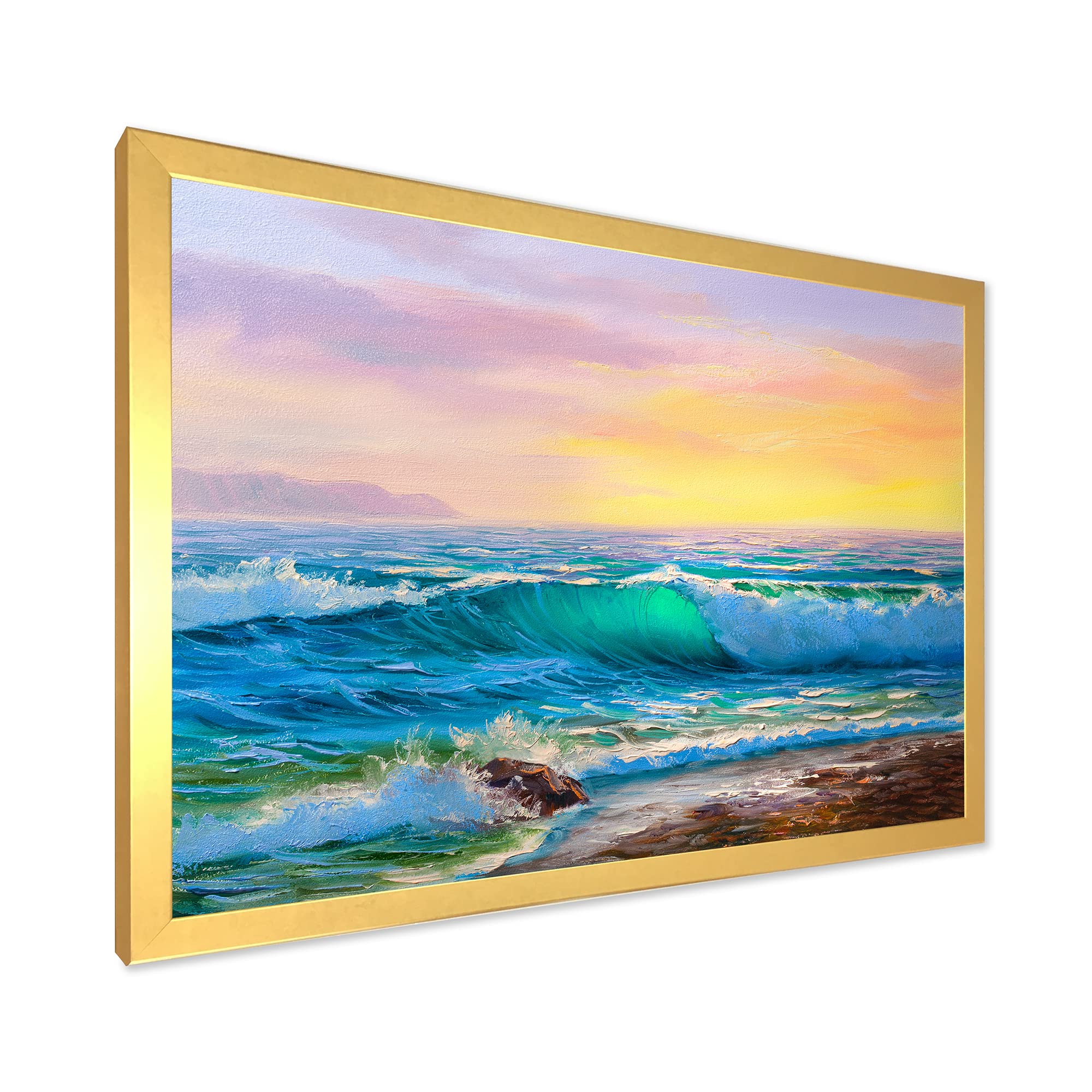 DesignQ Blue Waves Breaking At The Beach IV - Coastal Framed Wall Art Decor for Living Room, Bedroom & Office | Nautical Home Decor | Ocean Themed Painting