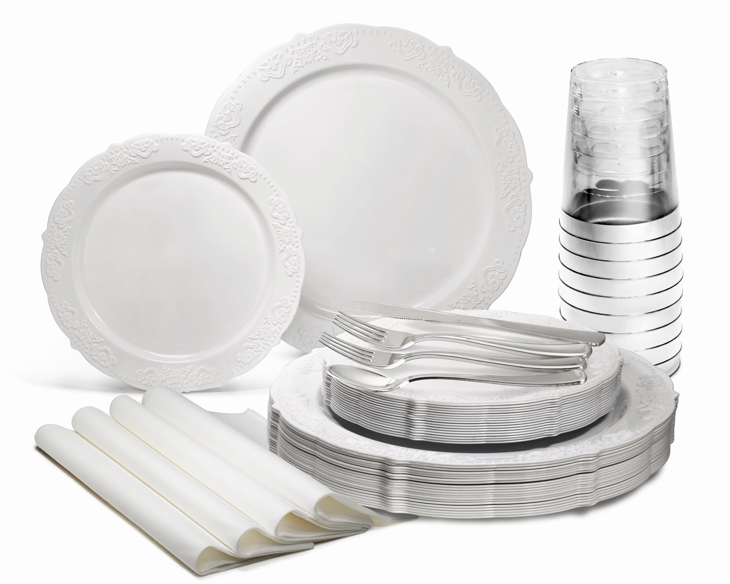 960-Piece Vintage Wedding Party Disposable Tableware Set - 120x10.25'' Plates, 120x7.5'' Plates, Silverware, Silver Rim Cups & Napkins (Portofino Plain White) - Elegant Disposable Tableware for Weddings, Anniversaries, Bridal Showers & Formal Events