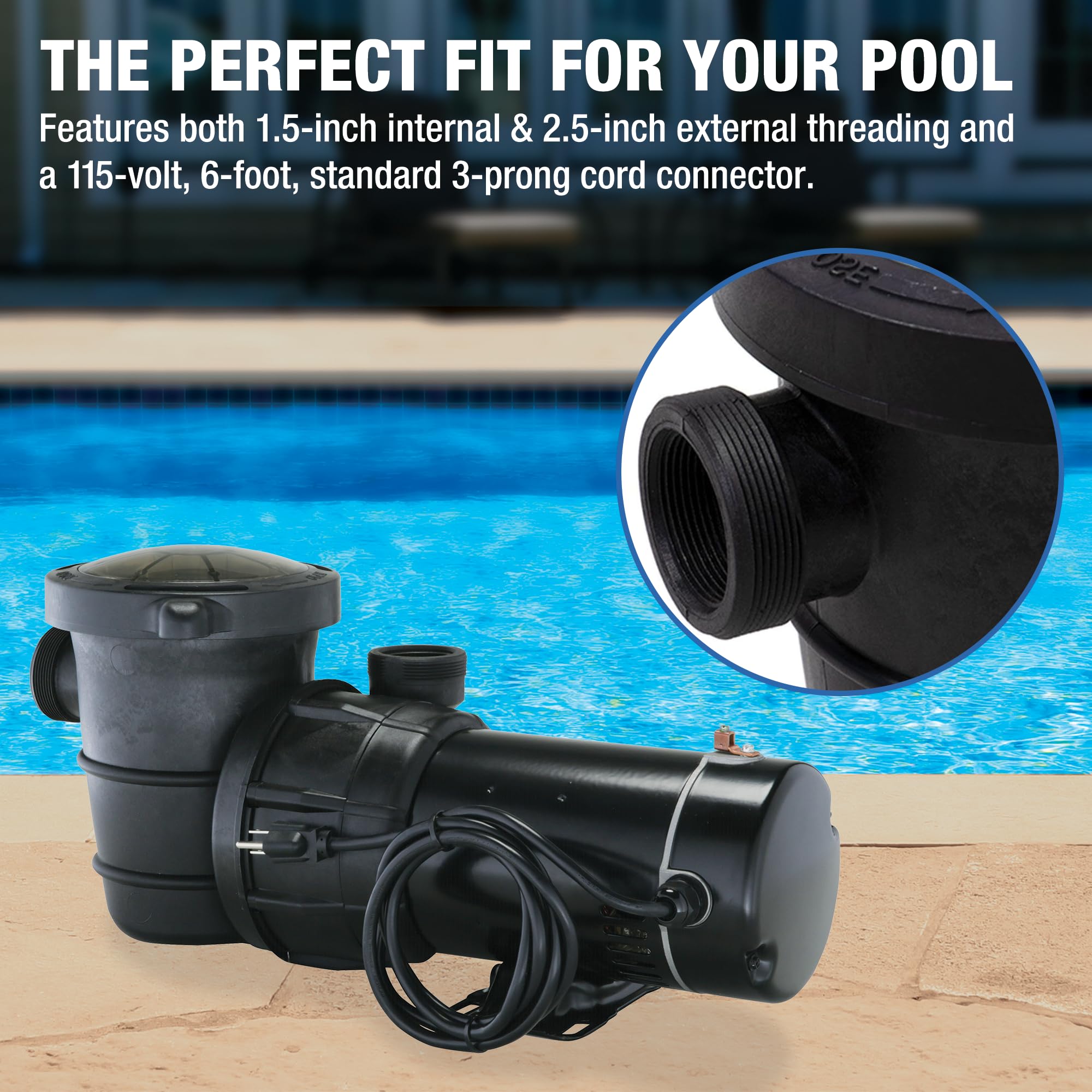 Doheny's 1 HP Above Ground Pool Pump - 115V, 75 GPM (0.9 THP) - Stainless Steel Shaft & Reinforced Thermoplastic - Low Noise & High Efficiency - 1.5