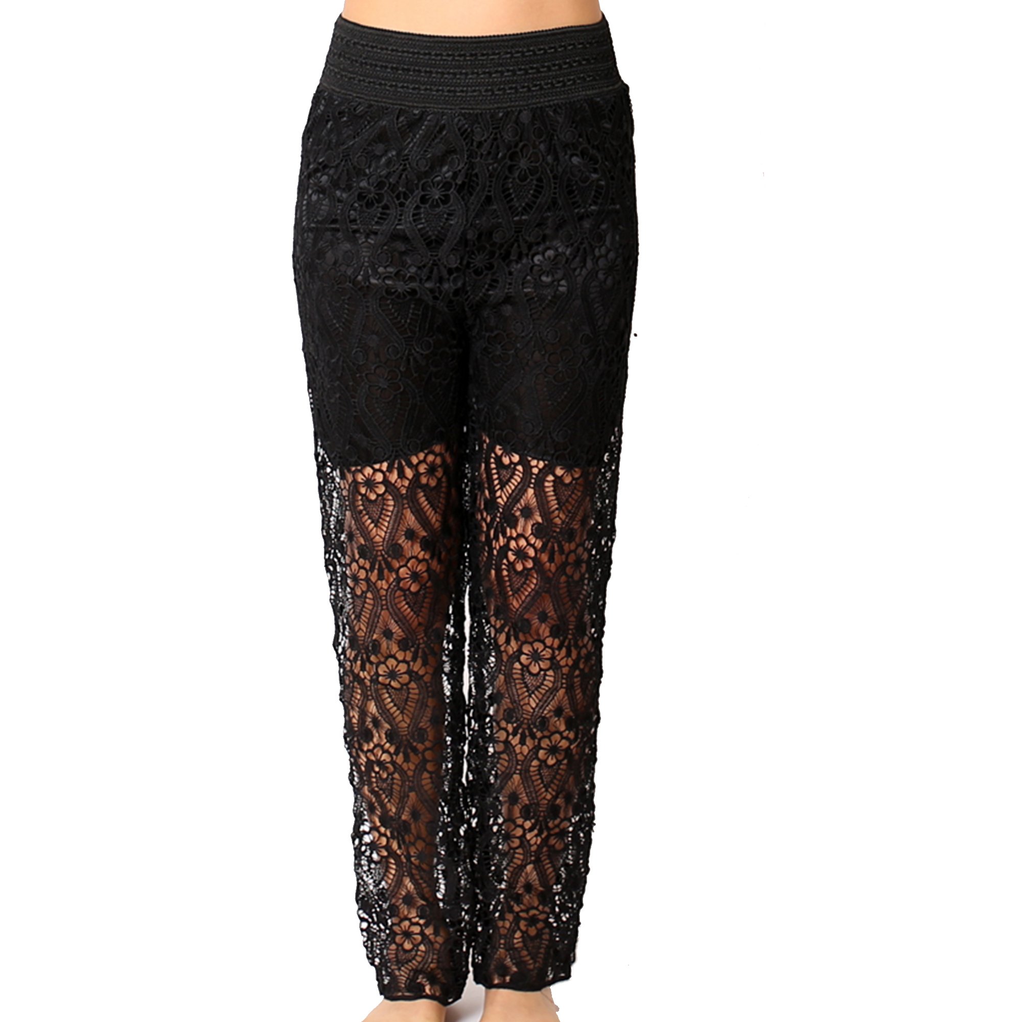 TD Collections Women's Stretch Waist Crochet Full Length Lounge Pants - Comfortable Boho Style Pants for Yoga, Beach & Casual Wear