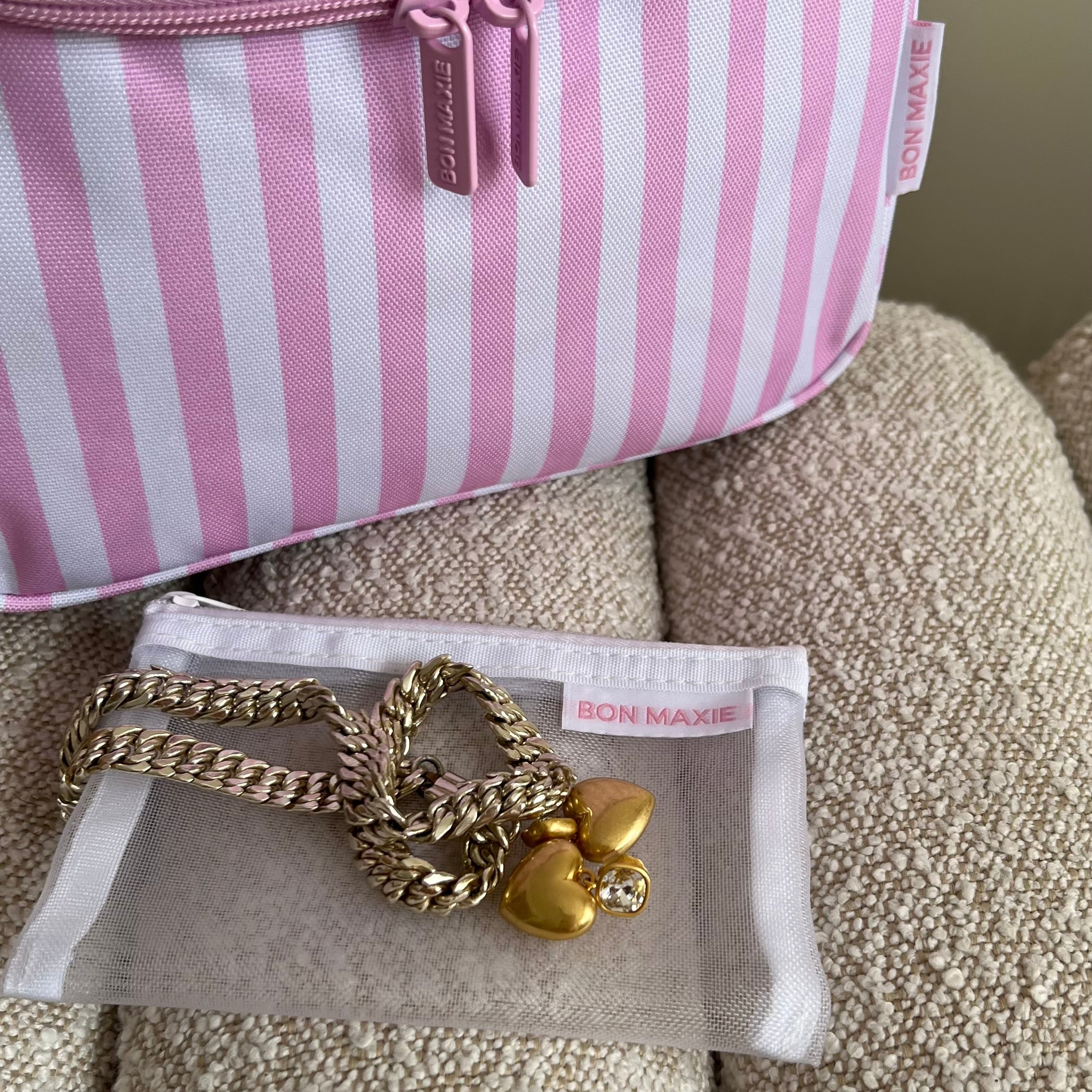 Bon Voyage Travel Toiletry Bag - Waterproof Hanging Cosmetic Organizer with Blush Stripe Design for Women | Perfect for Vacation, Gym & Business Trips