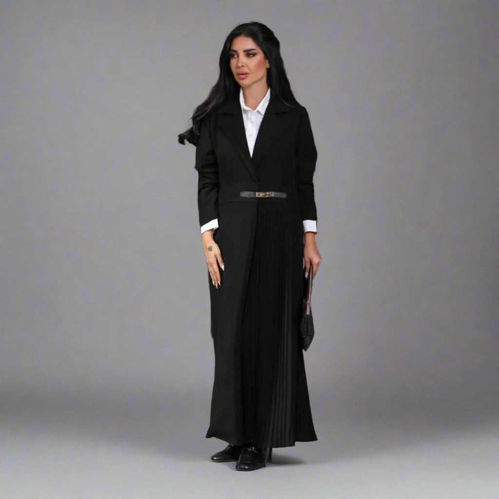 Elegant Pleated Muslim Women's Open Abaya Dress with Adjustable Leather Belt - Modest Islamic Fashion for Prayer, Eid, Wedding & Special Occasions