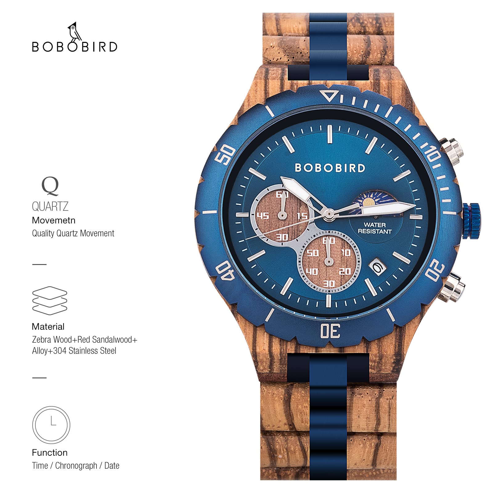 BOBO BIRD Men's Wooden Quartz Watch - Stainless Steel & Red Sandalwood Alloy Wooden Wristwatch with Chronograph, Luminous Hands, Day/Night Date Display | Classic Style Watch for Men | Perfect for Business, Casual Wear & Outdoor Activities