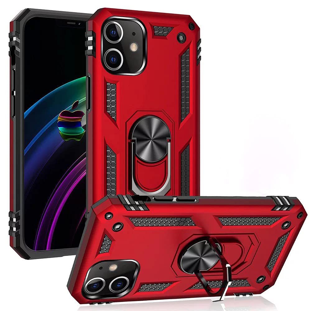 Shockproof Military Grade iPhone 12/12 Pro Case with Ring Stand & Magnetic Car Mount - Red | Protective Phone Cover for Daily Use, Travel & Outdoor Activities