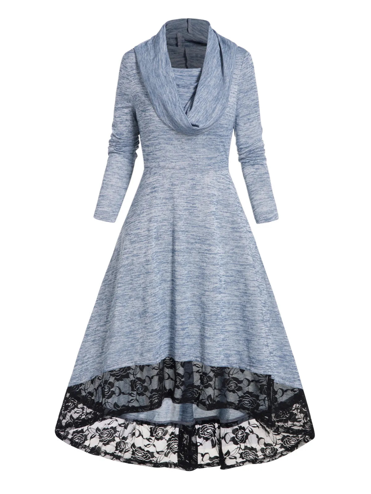 2024 Women's Autumn Space Dye Hooded Dress with Floral Lace Panel - High Waisted Long Sleeve High-Low Midi Dress for Fall Fashion | Perfect for Date Nights, Office Wear & Special Occasions