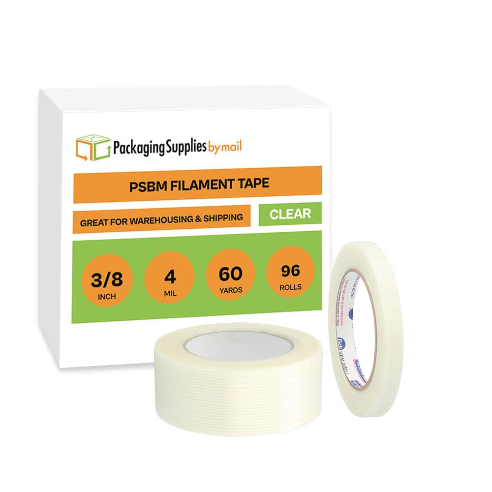 PSBM Filament Reinforced Tape - 3/8 Inch x 60 Yards, 96 Pack Clear Fiberglass Strapping Tape for Shipping, Packaging & DIY Projects | Heavy Duty Adhesive for Box Sealing & Home Repairs