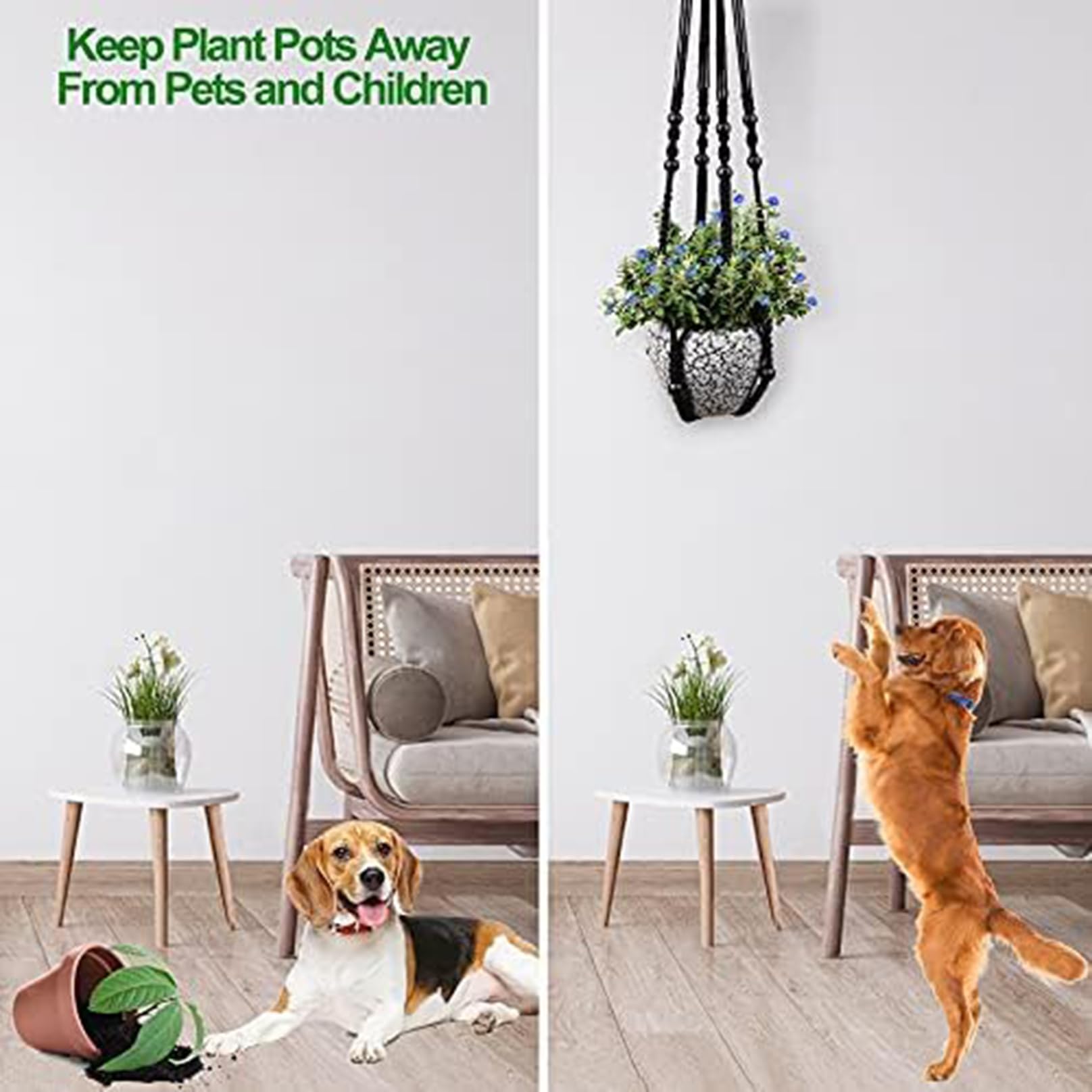 Macrame Plant Hanger 3 Pack - 35 Inch Handmade Cotton Rope Wall Hanging Planter with Beaded & Non-Tassel Design for Indoor & Outdoor Plants - Perfect for Herbs, Ferns, Ivy & Crawling Plants - Includes 3 Hooks for Stylish Home Decor, Boho Room & Garden Display